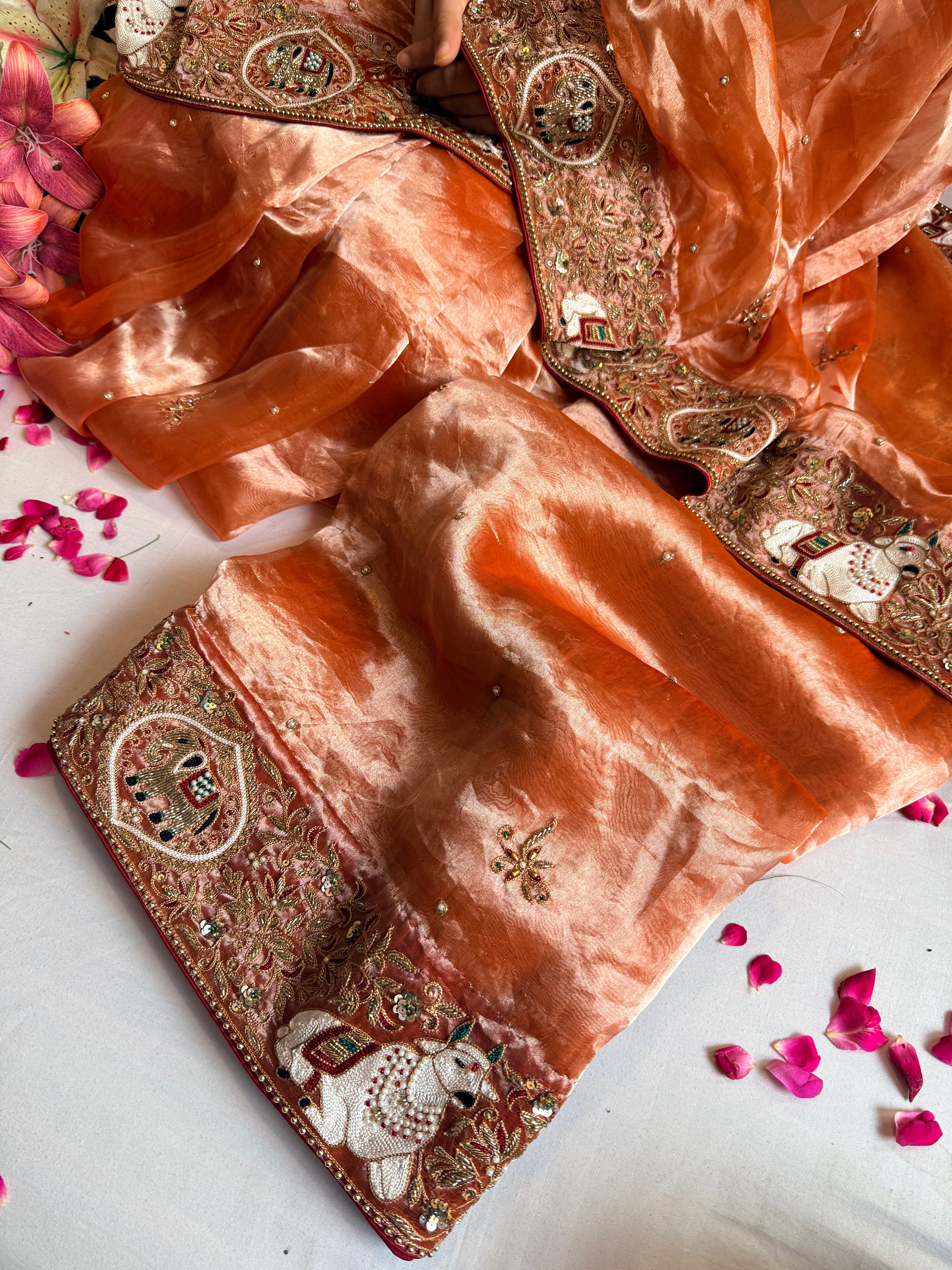 Chandramukhi edit - Fanta orange diamond tissue silk hand embroidered saree