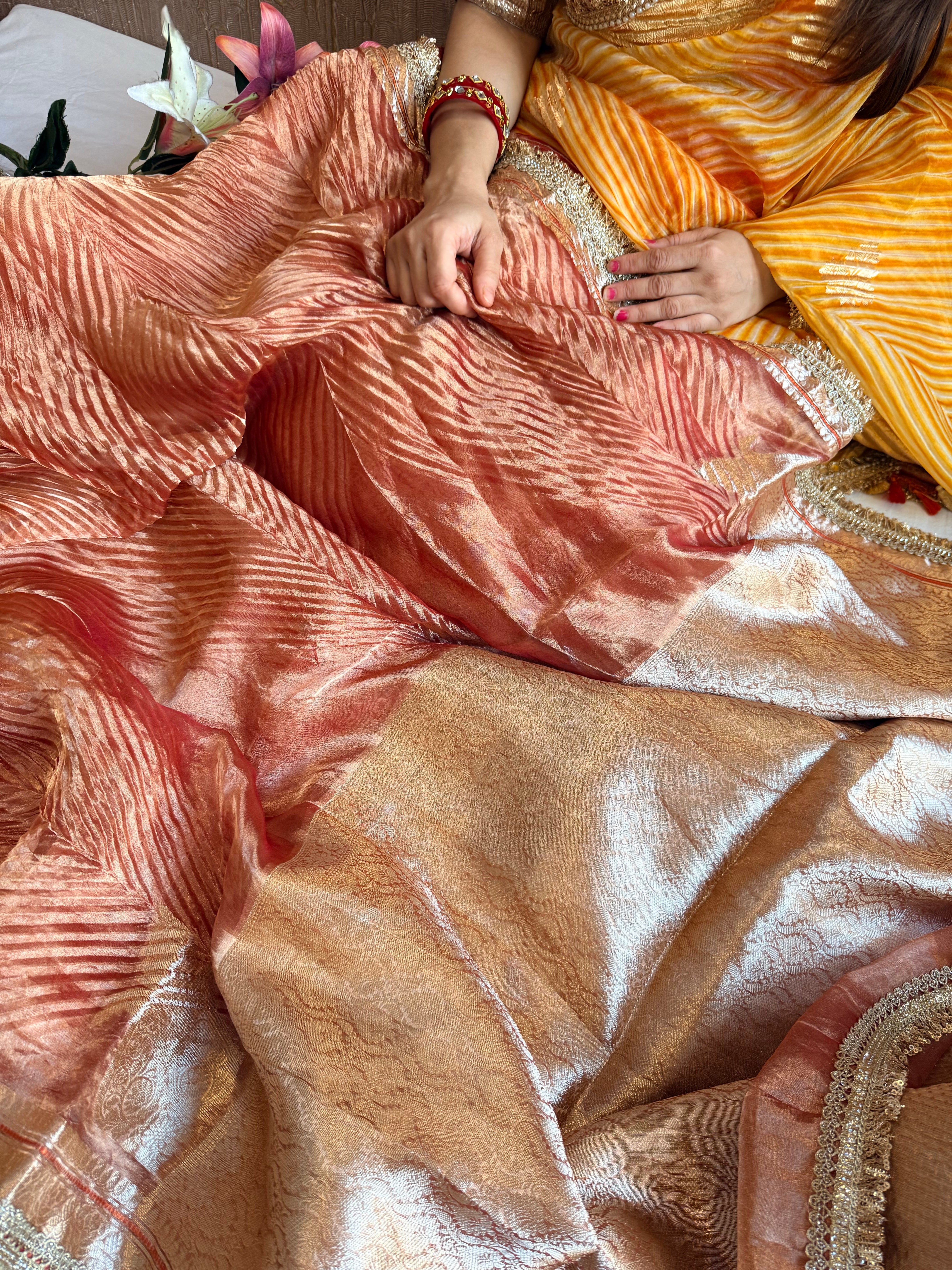 Rust red tissue silk arshi dyed mirrorwork hand embroidered kadhwa saree