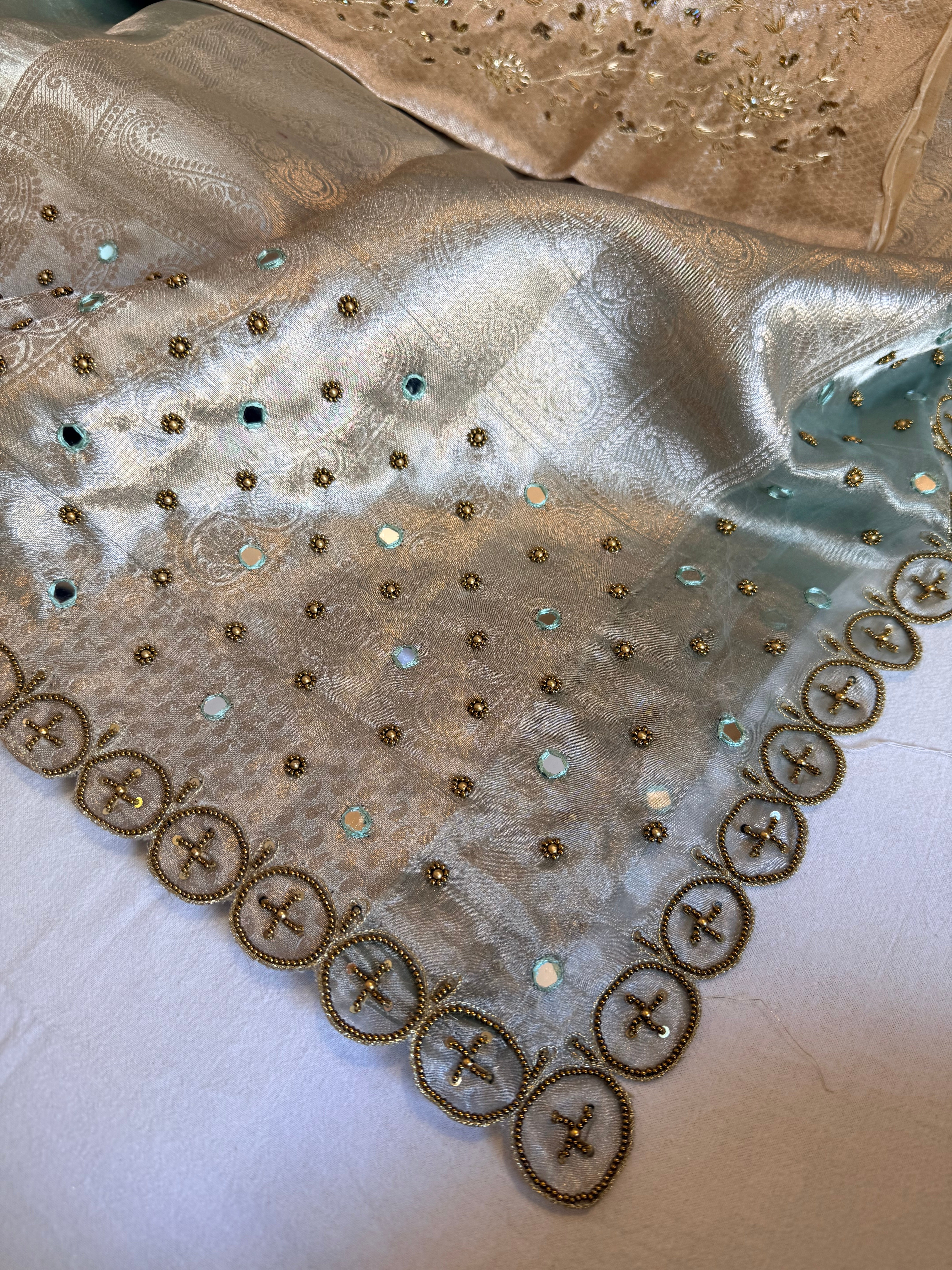 Candy green husn tissue silk hand embroidered kadhwa saree with heavy blouse