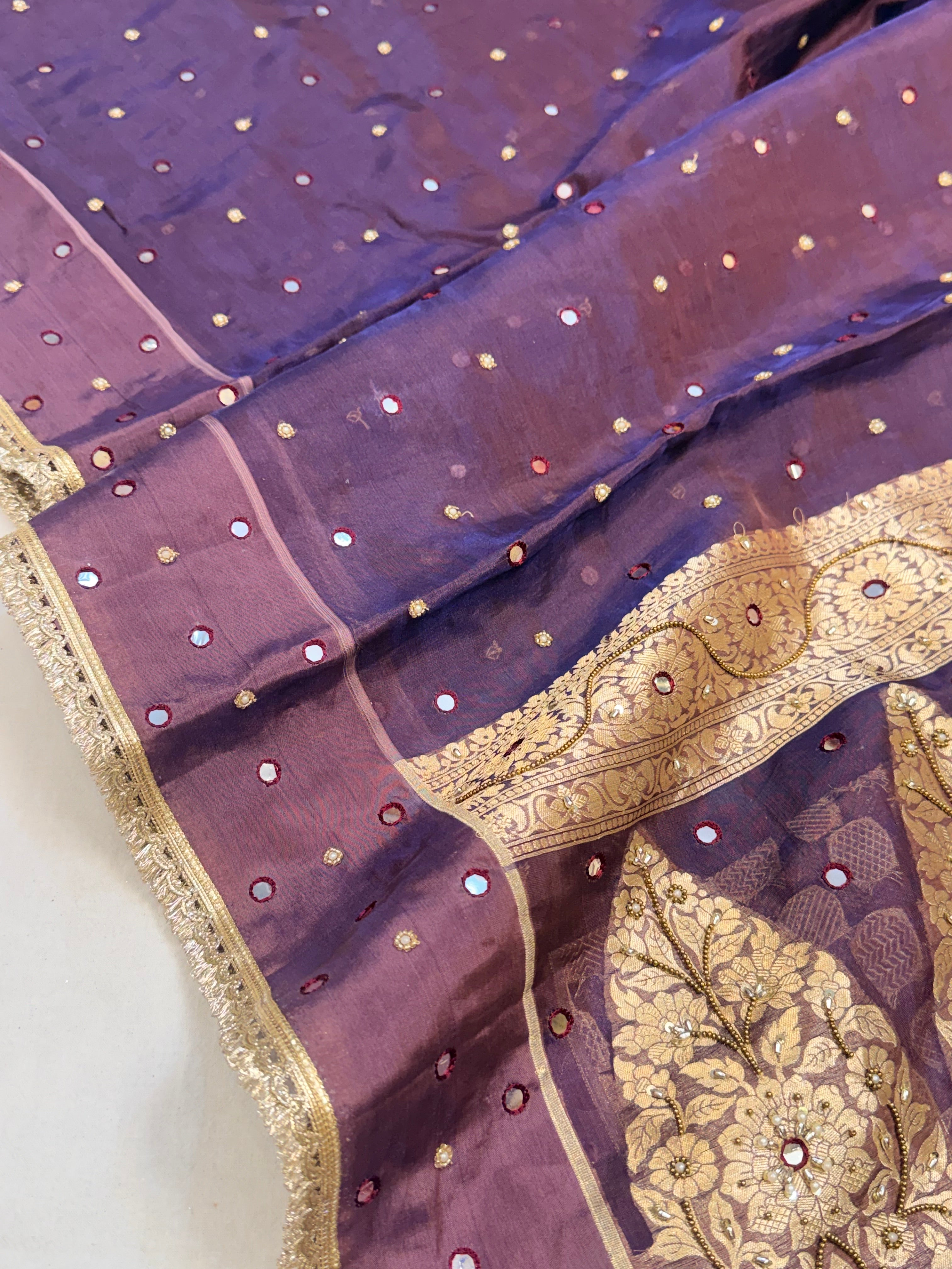 Midnight purple tissue silk hand embroidered kadhwa saree