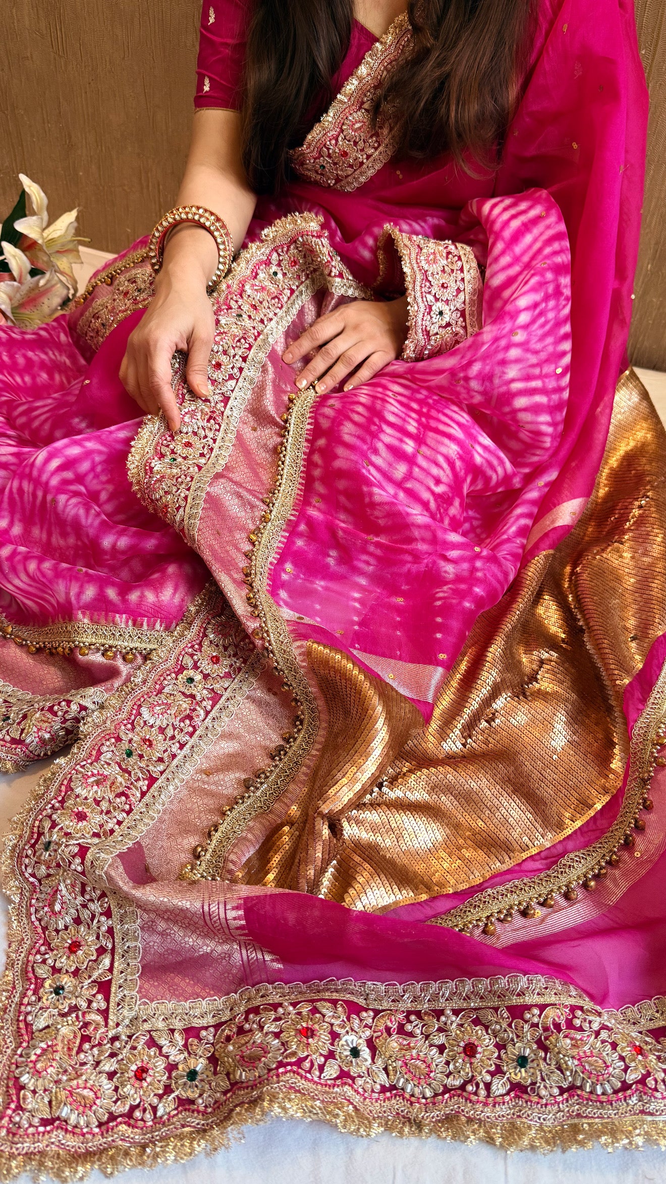 Chan Chan ghungroo hot pink work kora silk leheriya dye kadhwa saree