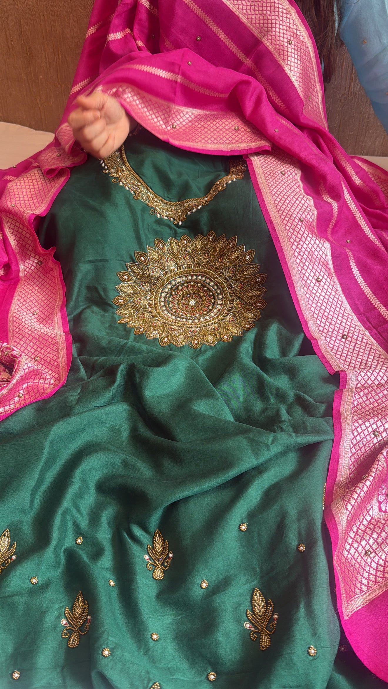 Hot pink - Bottle green spun chiniya silk hand embroidered mandala work suit set