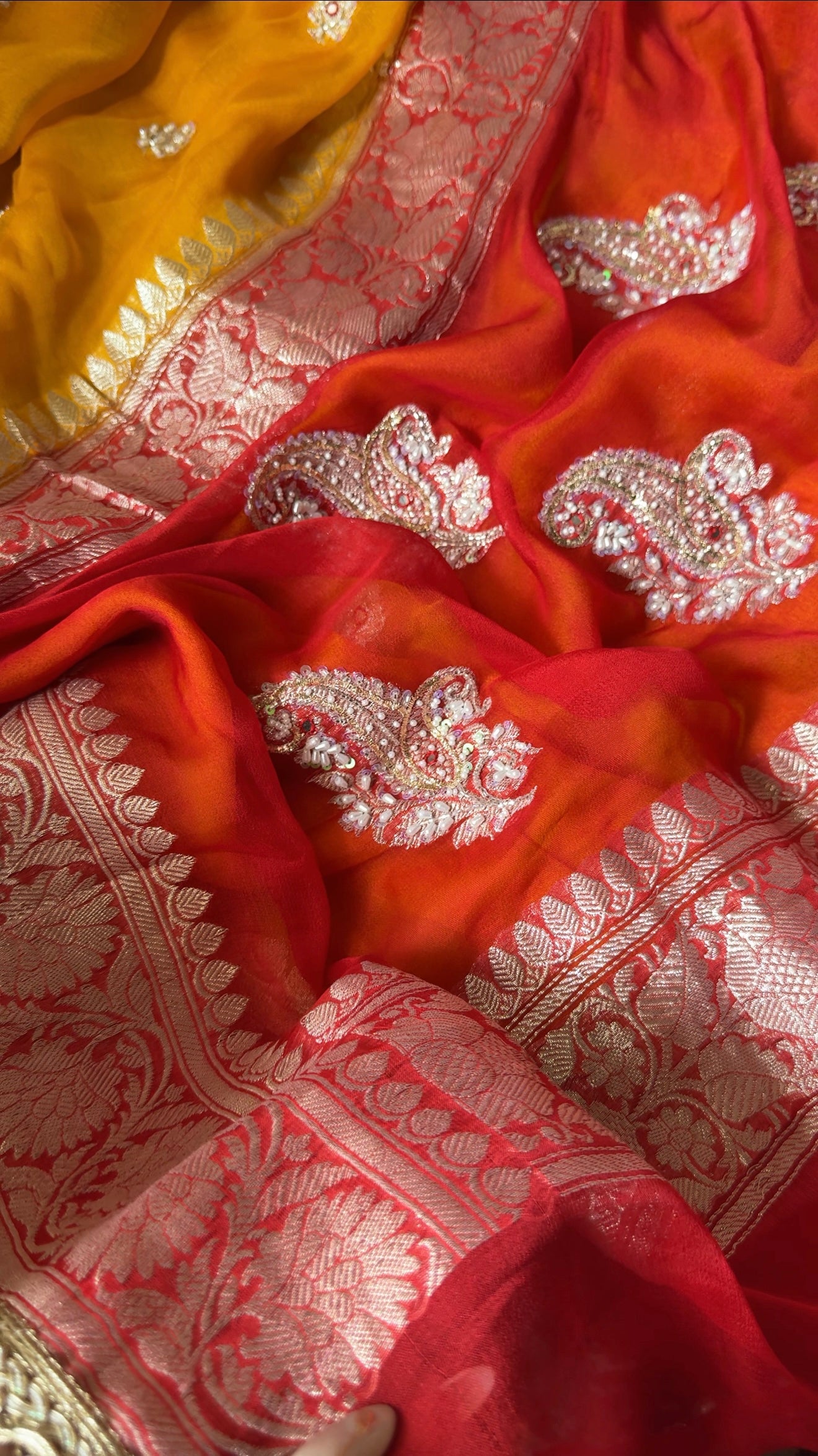 Poonam inspired muhdikhai wali chiffon gorgette banarasi hand embroidered saree