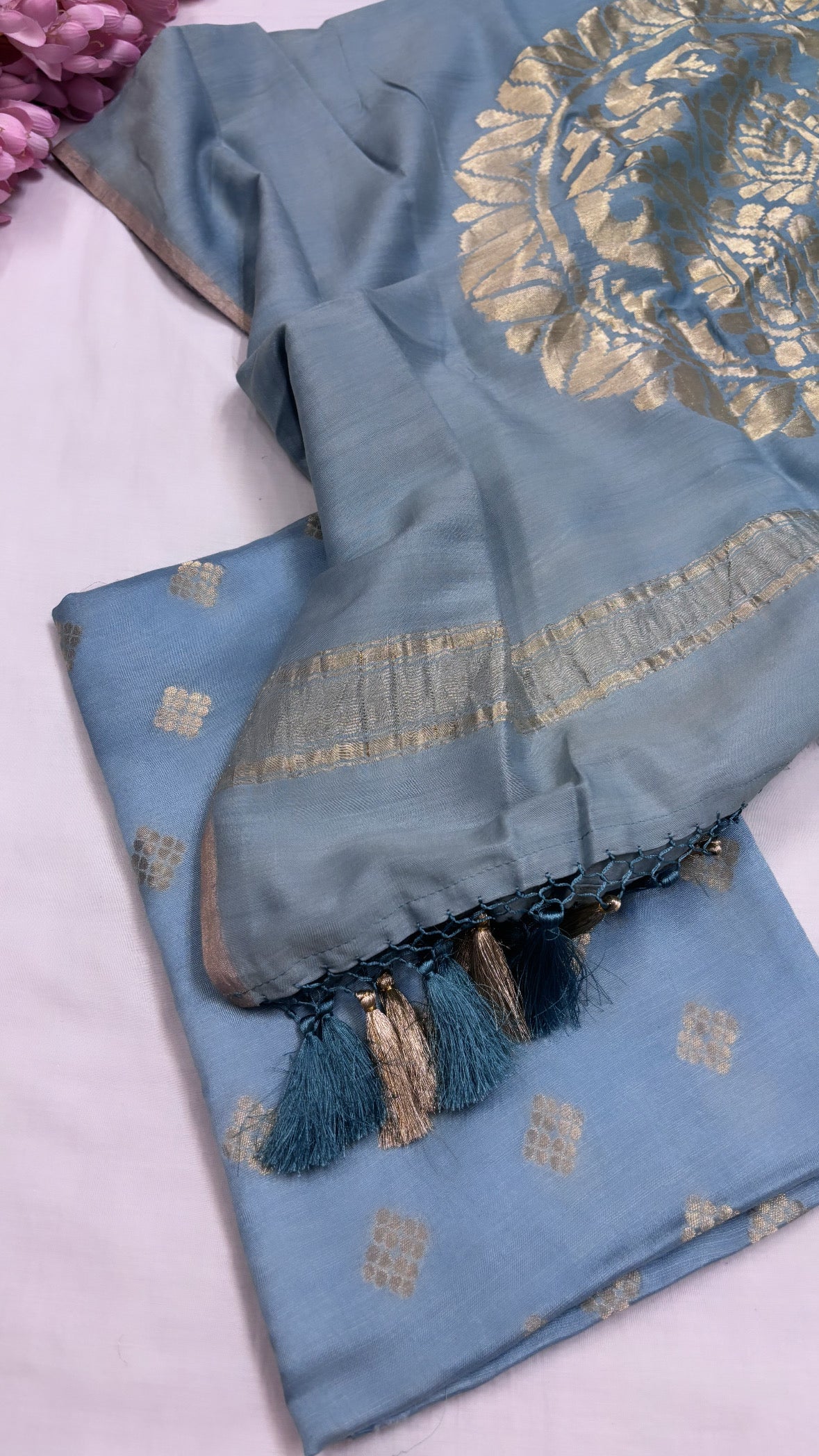 Pure Banarasi ice blue moonga silk kadhwa suit set paired with moonga silk shaded kadhwa duppata and bottom set