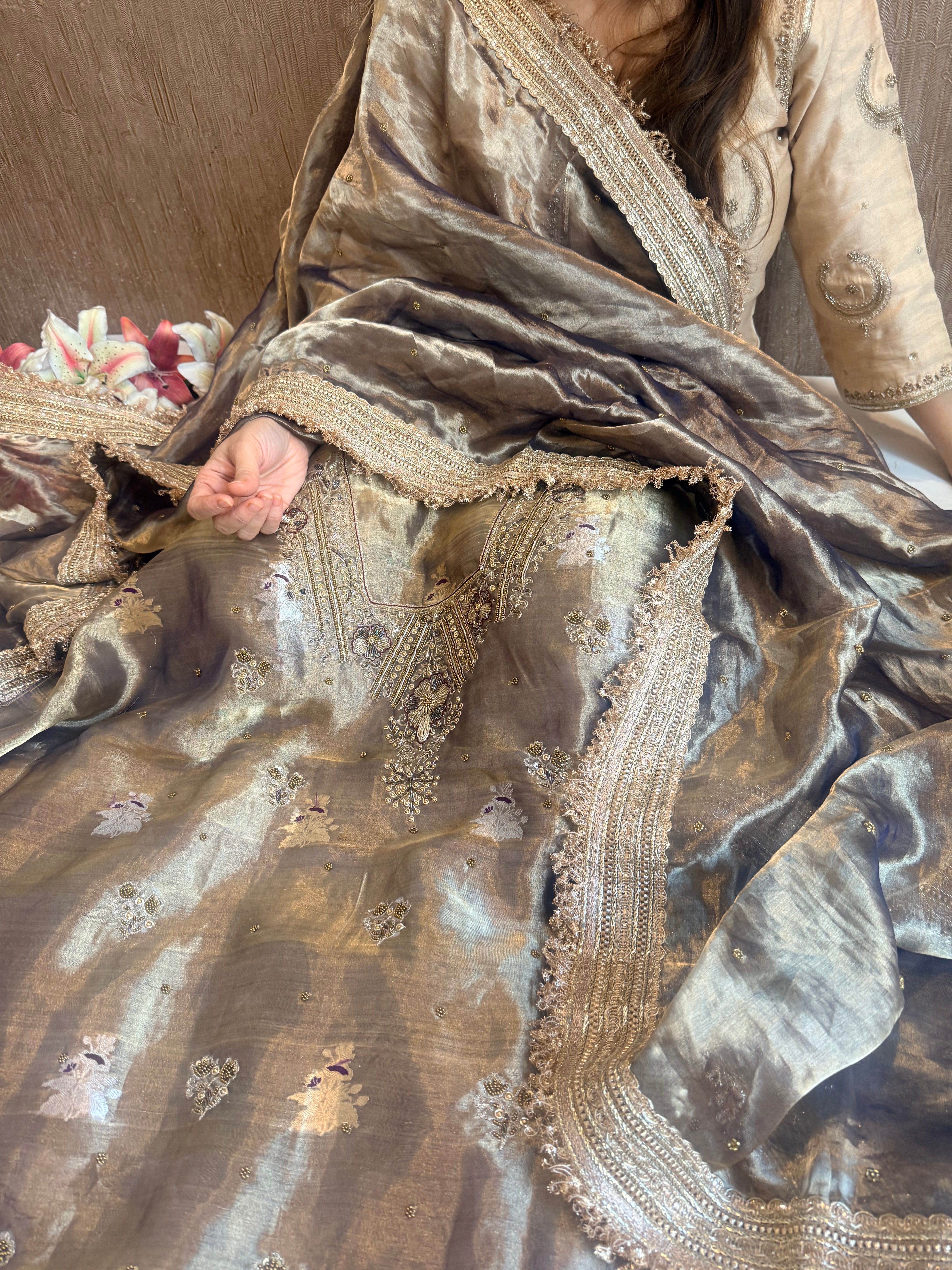 Molten gold tissue silk banarasi hand embroidered kadhwa suits