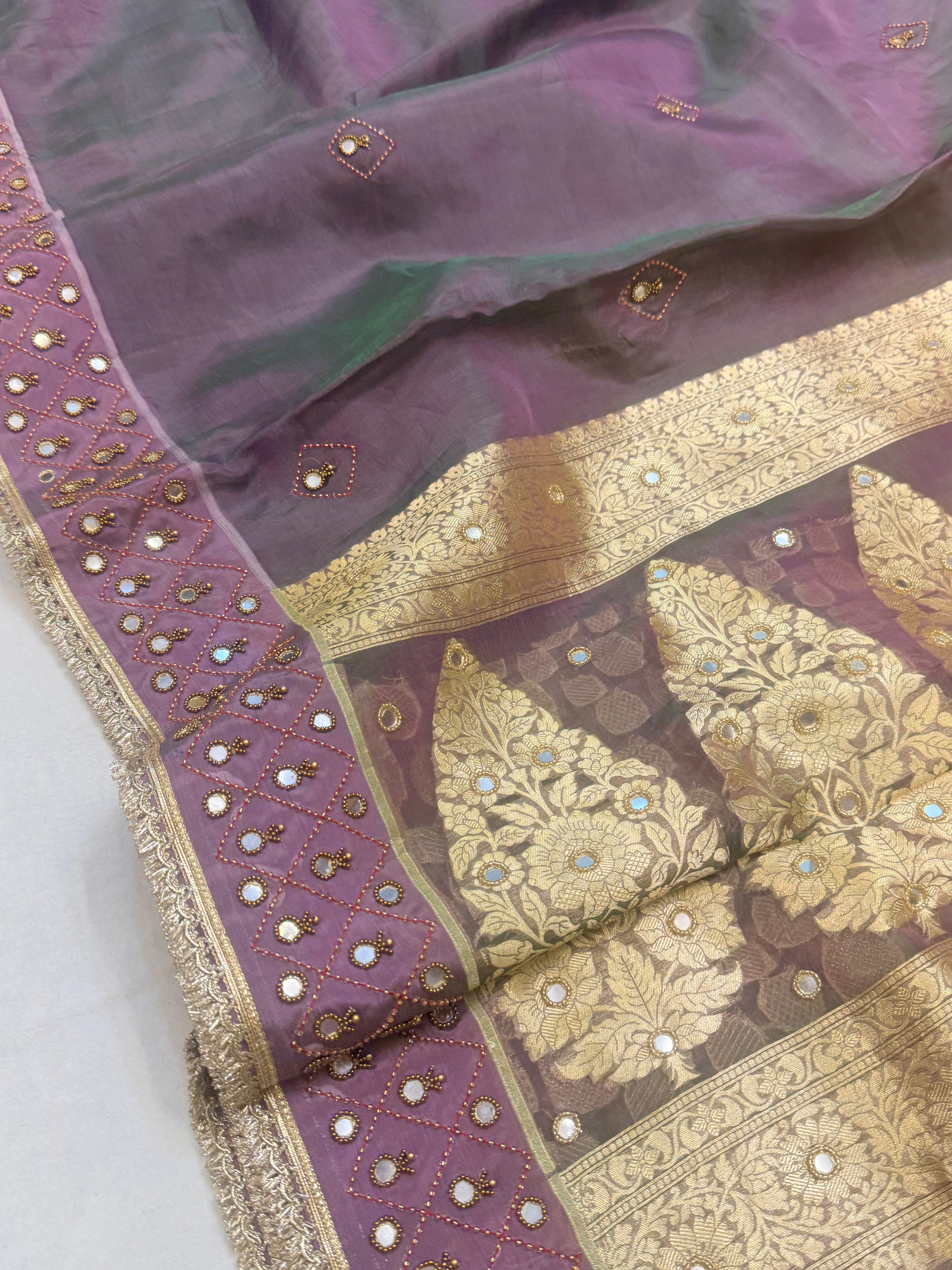 Dusty purple tissue silk hand embroidered kadhwa saree