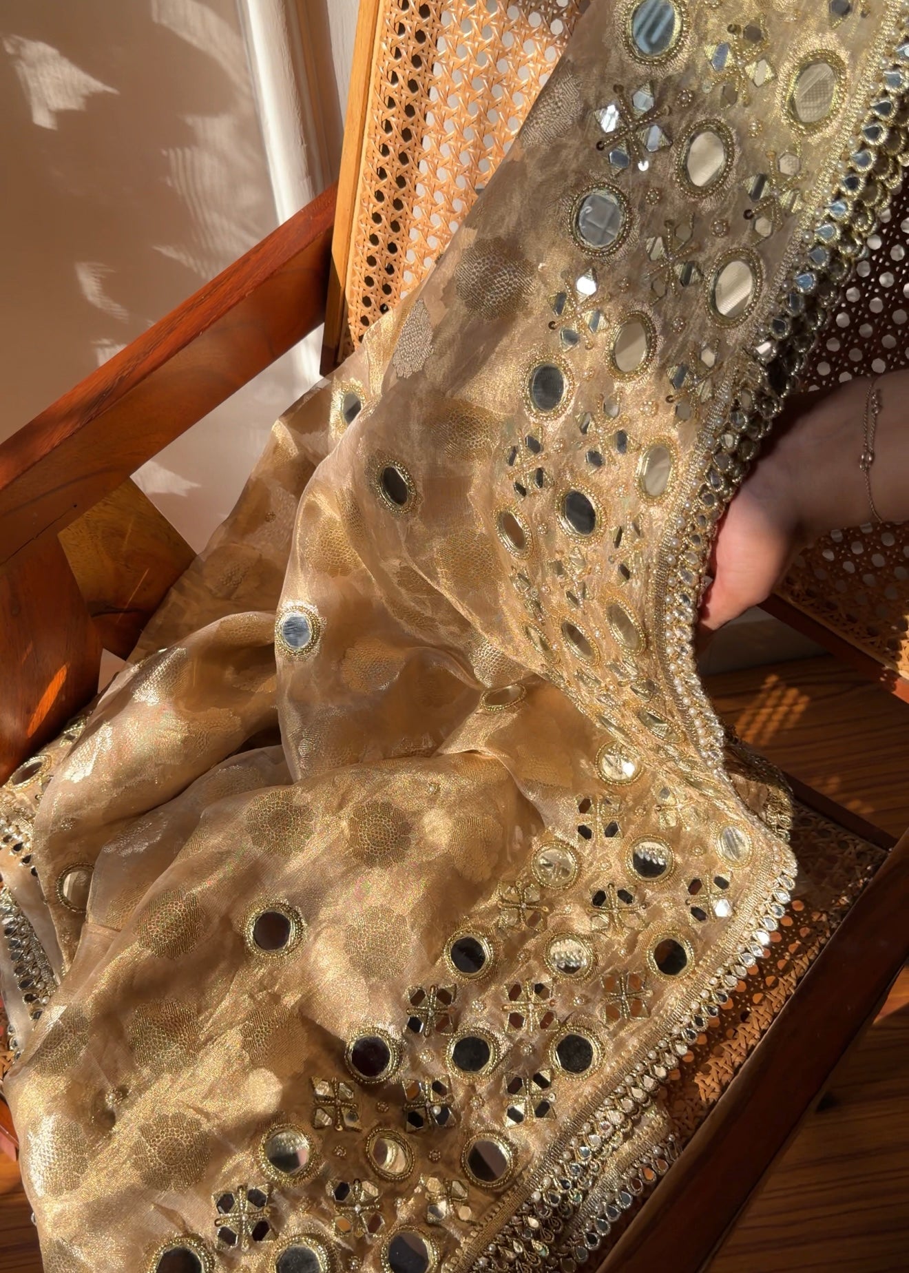 Butter gold kaanch wali mirrorwork hand embroidered tissue silk buti saree