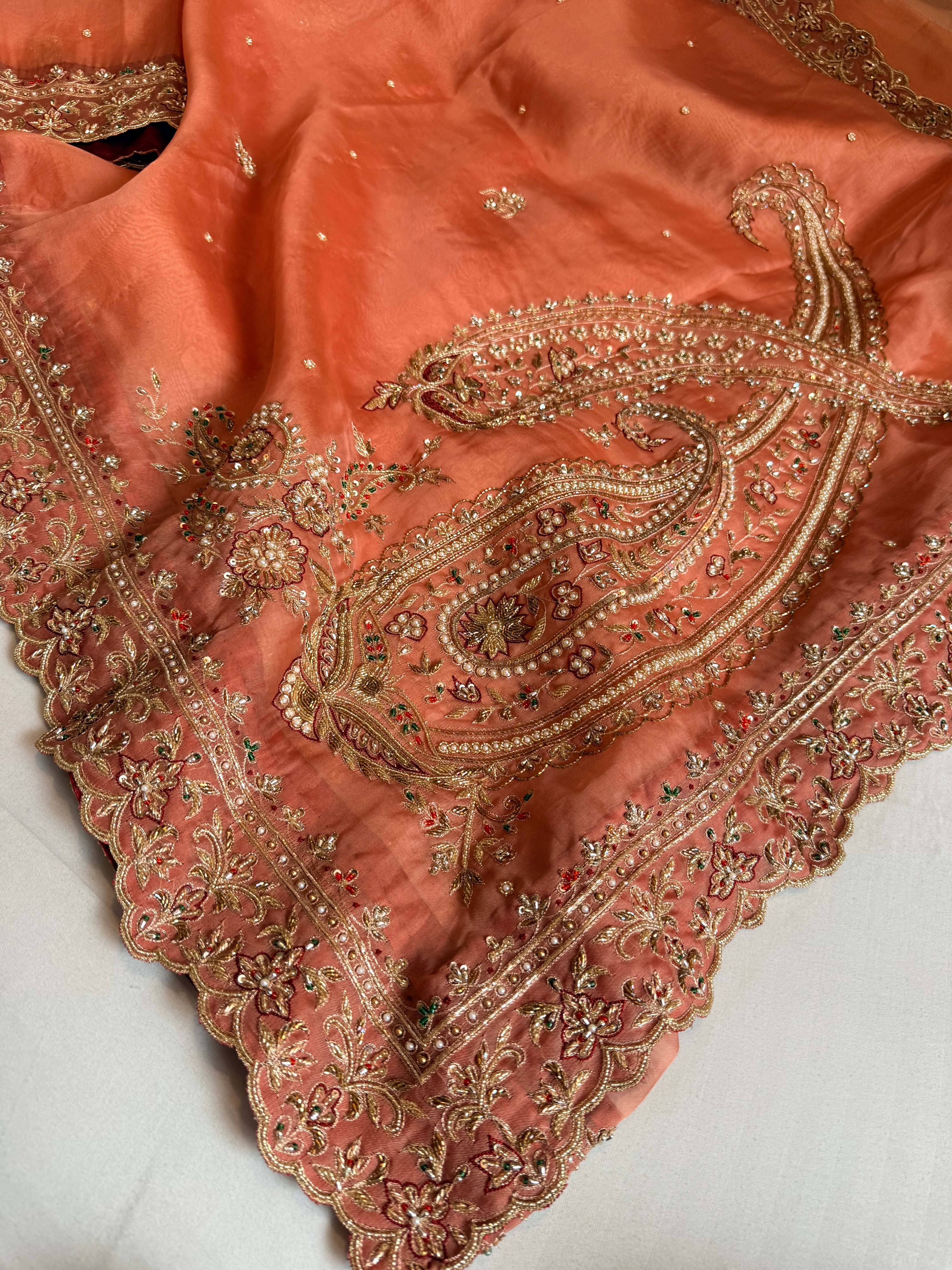 Dulhan wali saree edit gajri red kora silk hand embroidered saree