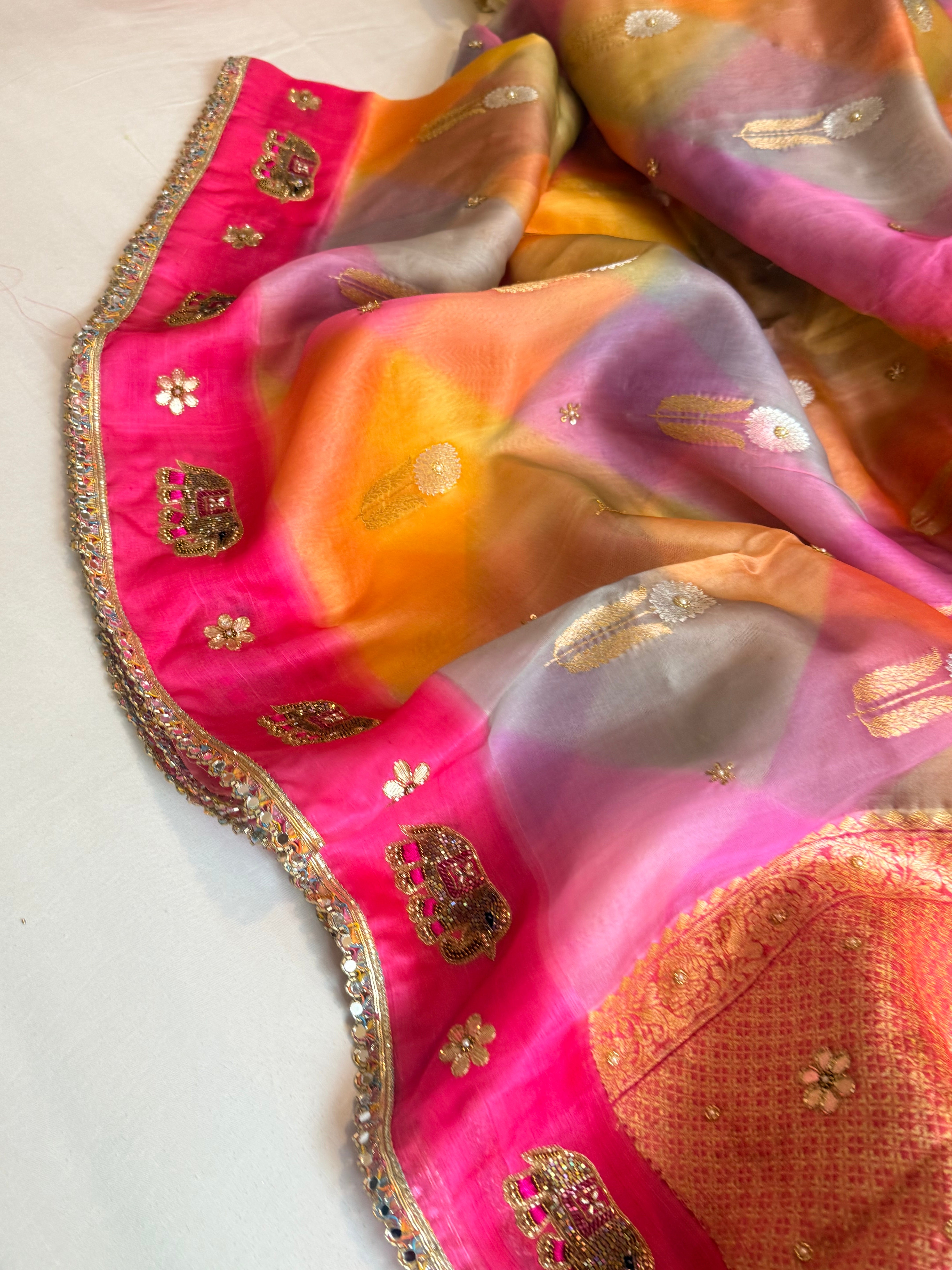 Gulab ka ras - Kora silk rangkaat weaving hand embroidered zubieda inspired saree