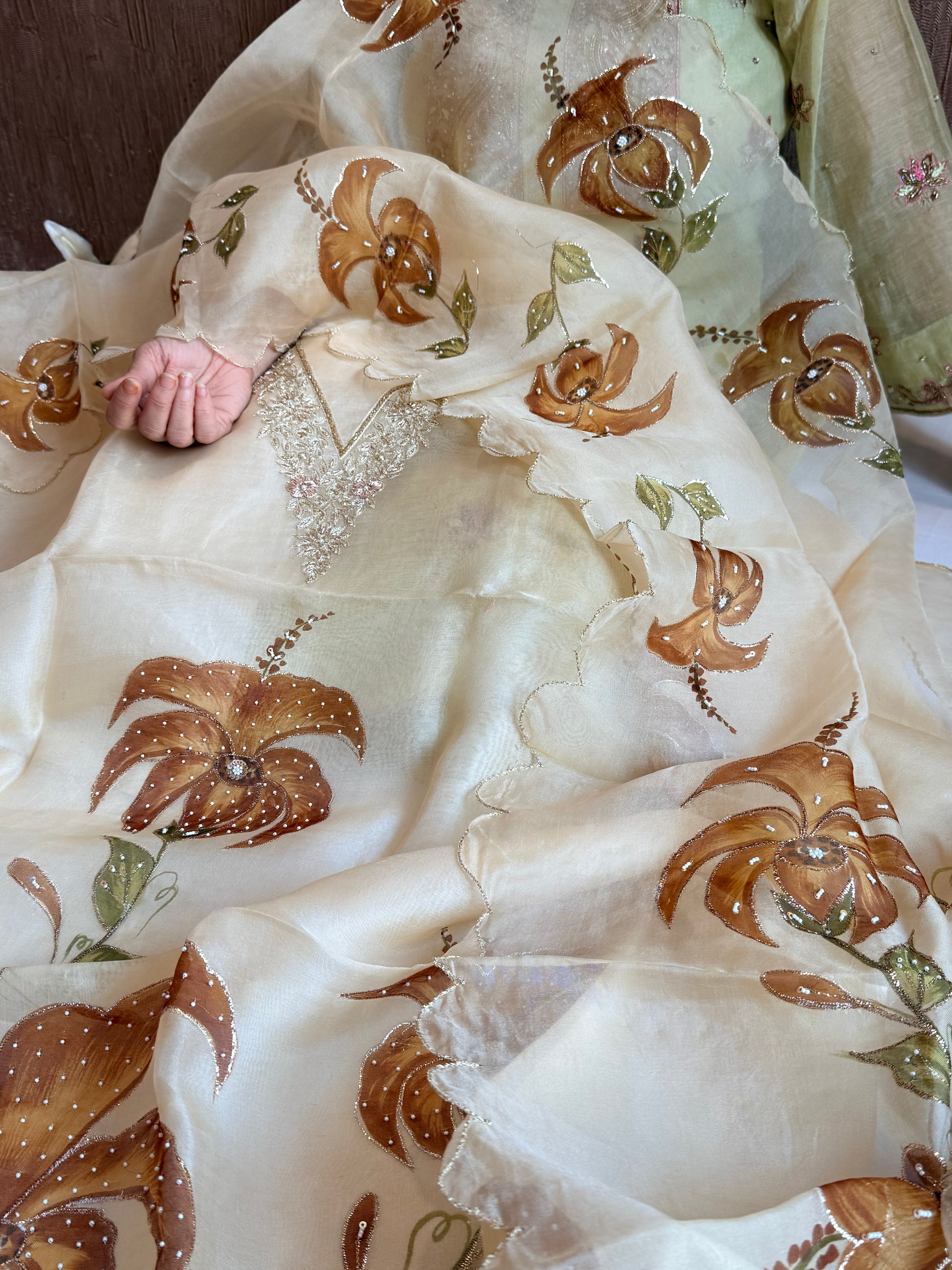 Banarasi Kora silk hand embroidered floral printed suit set