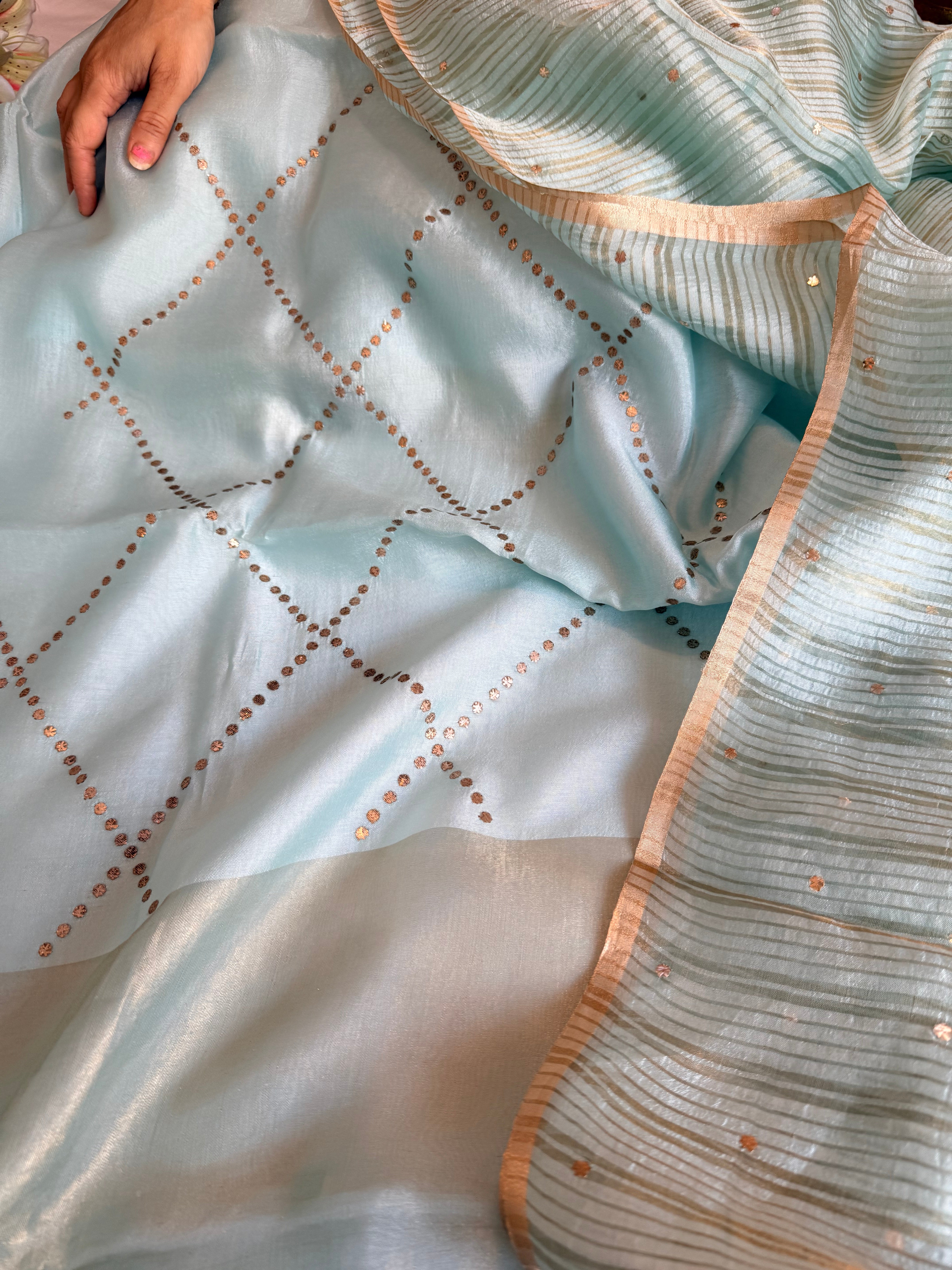 Summer suit edit - Spun chiniya silk mukaish work greenish-blue hand embroidered suit set
