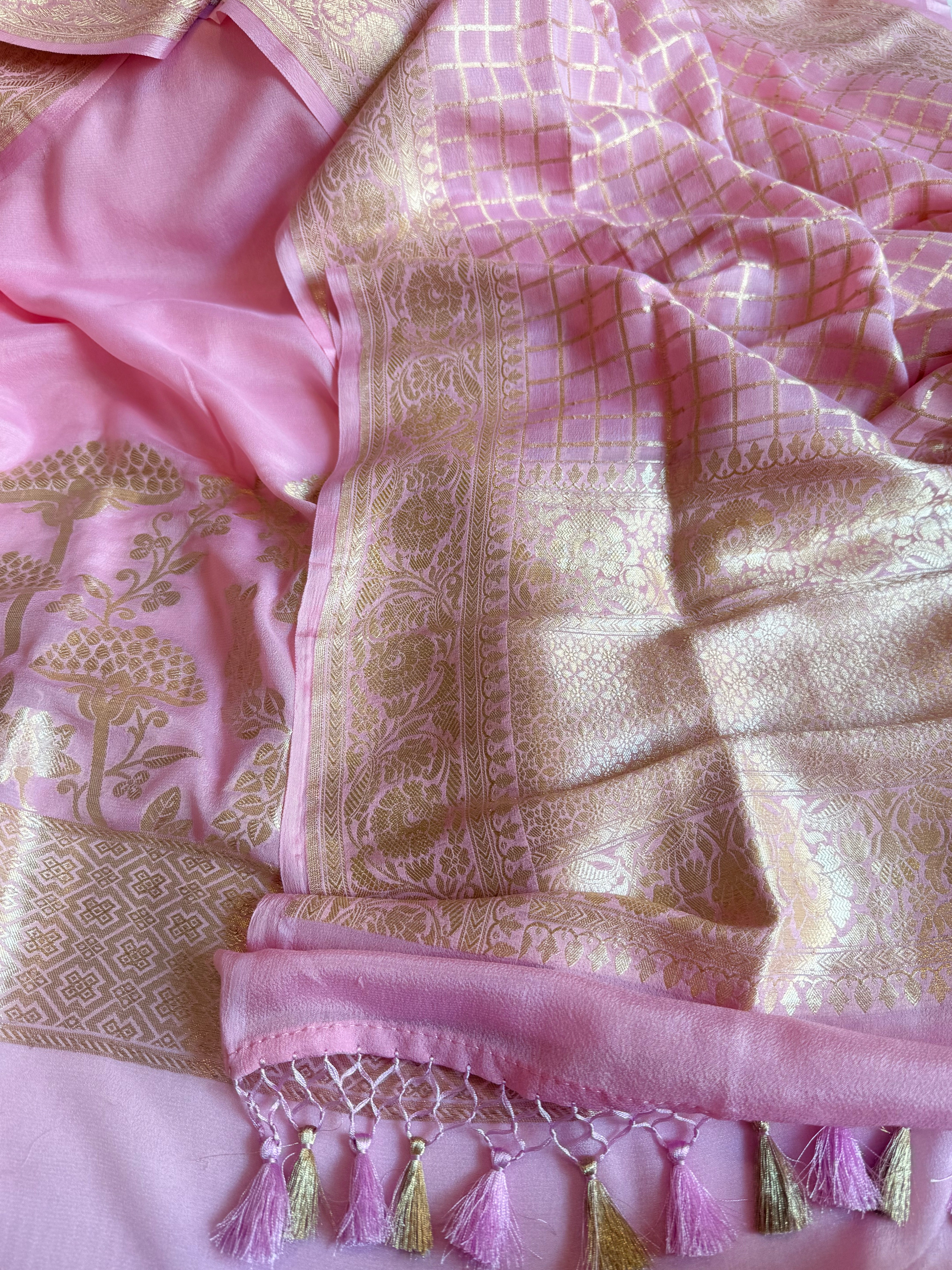 Chiffon gorgette blush pink kadhwa weaving banarasi suit set