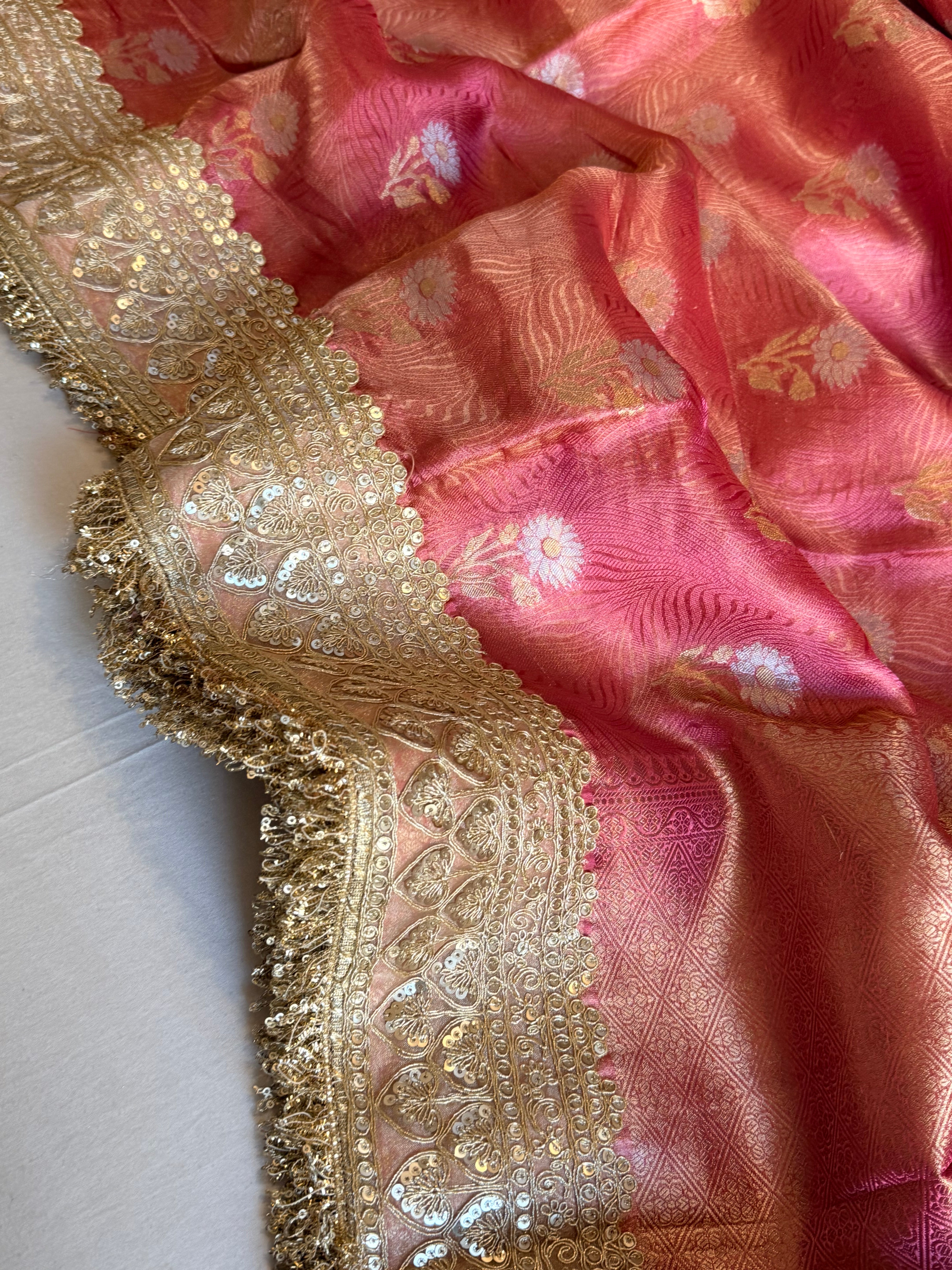 Strawberry pink tissue gorgette sona rupa buti kadhwa saree