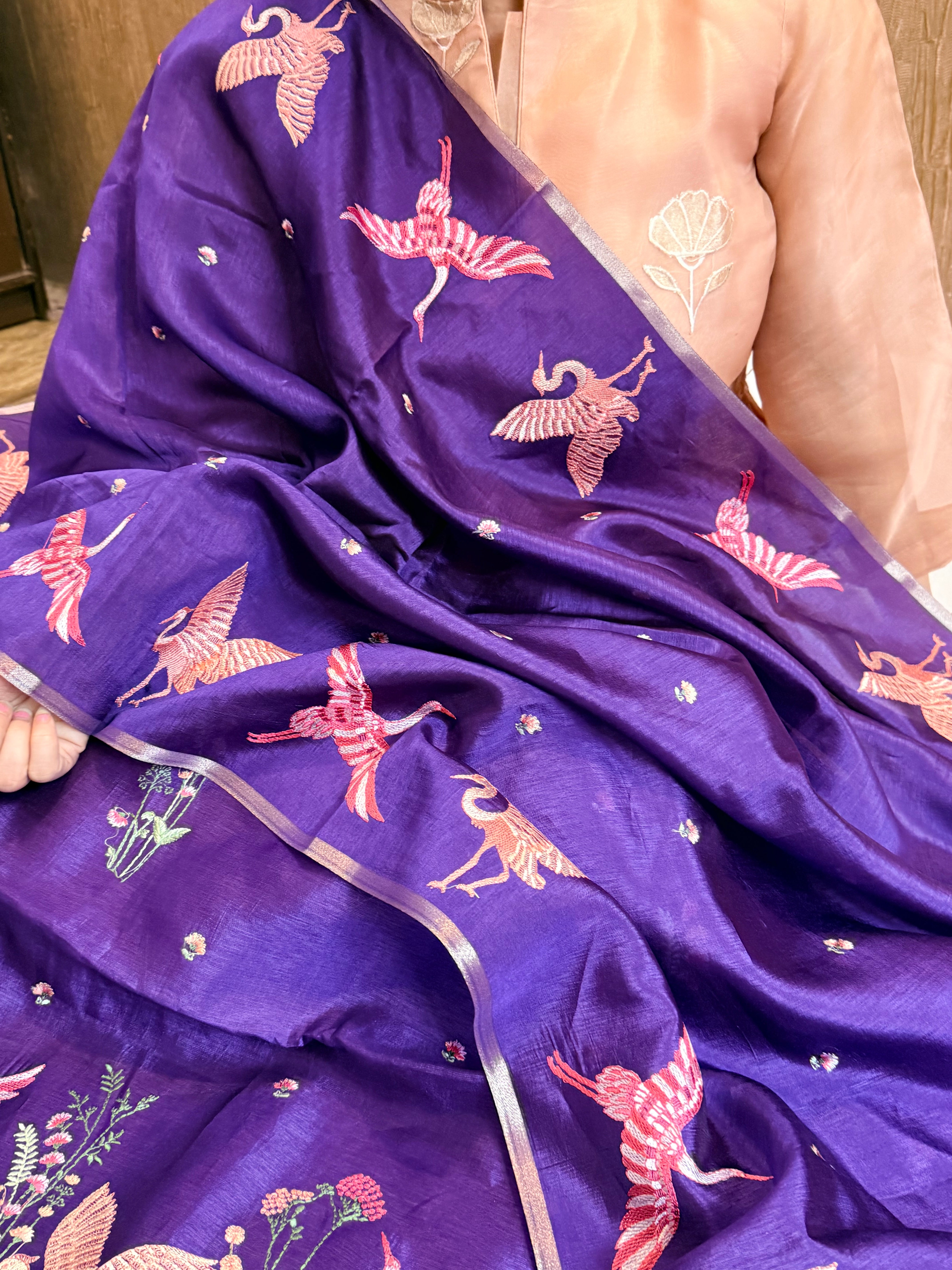 BELOW 8K - Parsi gara purple resham work banarasi chiniya silk kadhwa suit sets