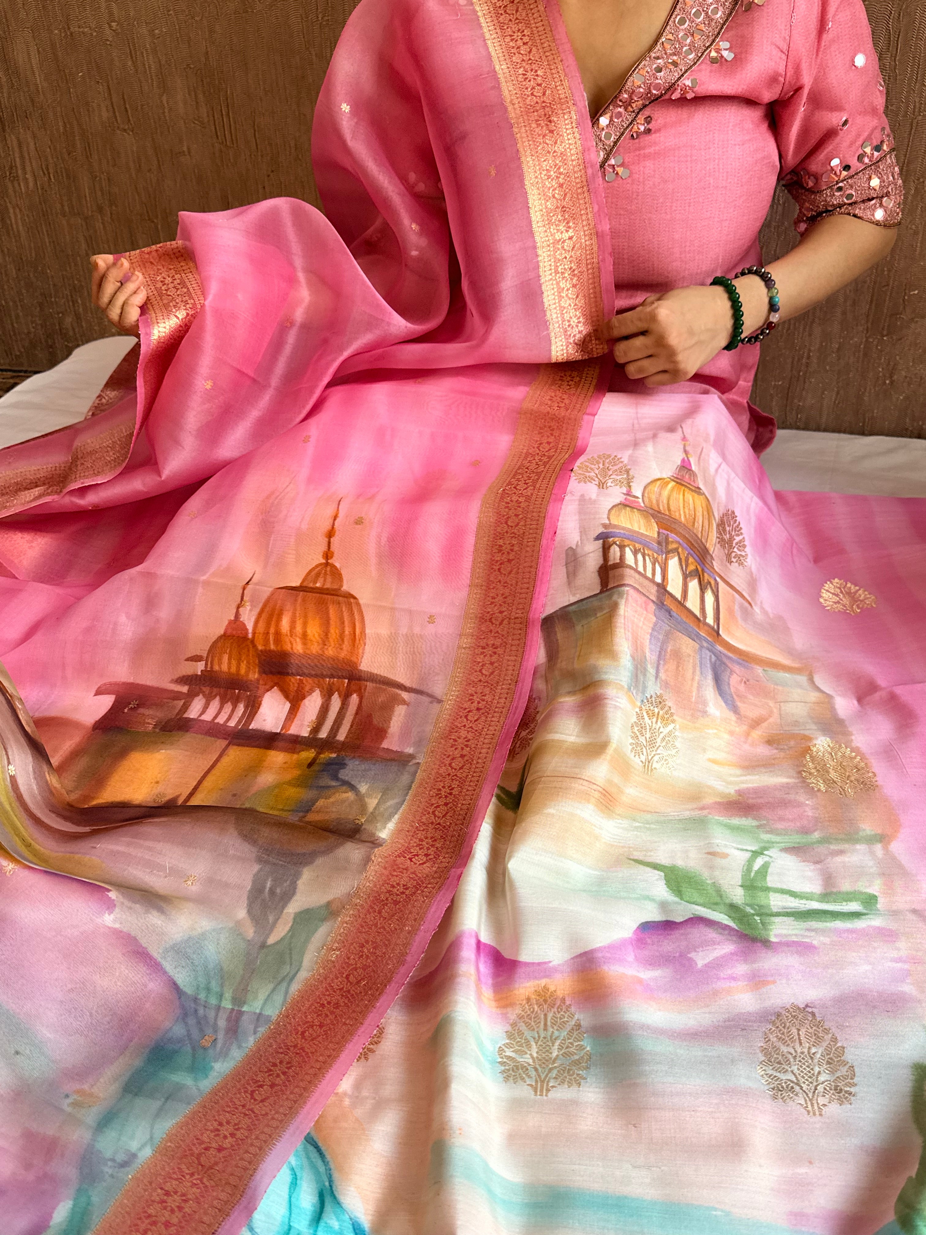 Banarasi kora silk handpainted ghatwork kadhwa buti rainbow dye suits