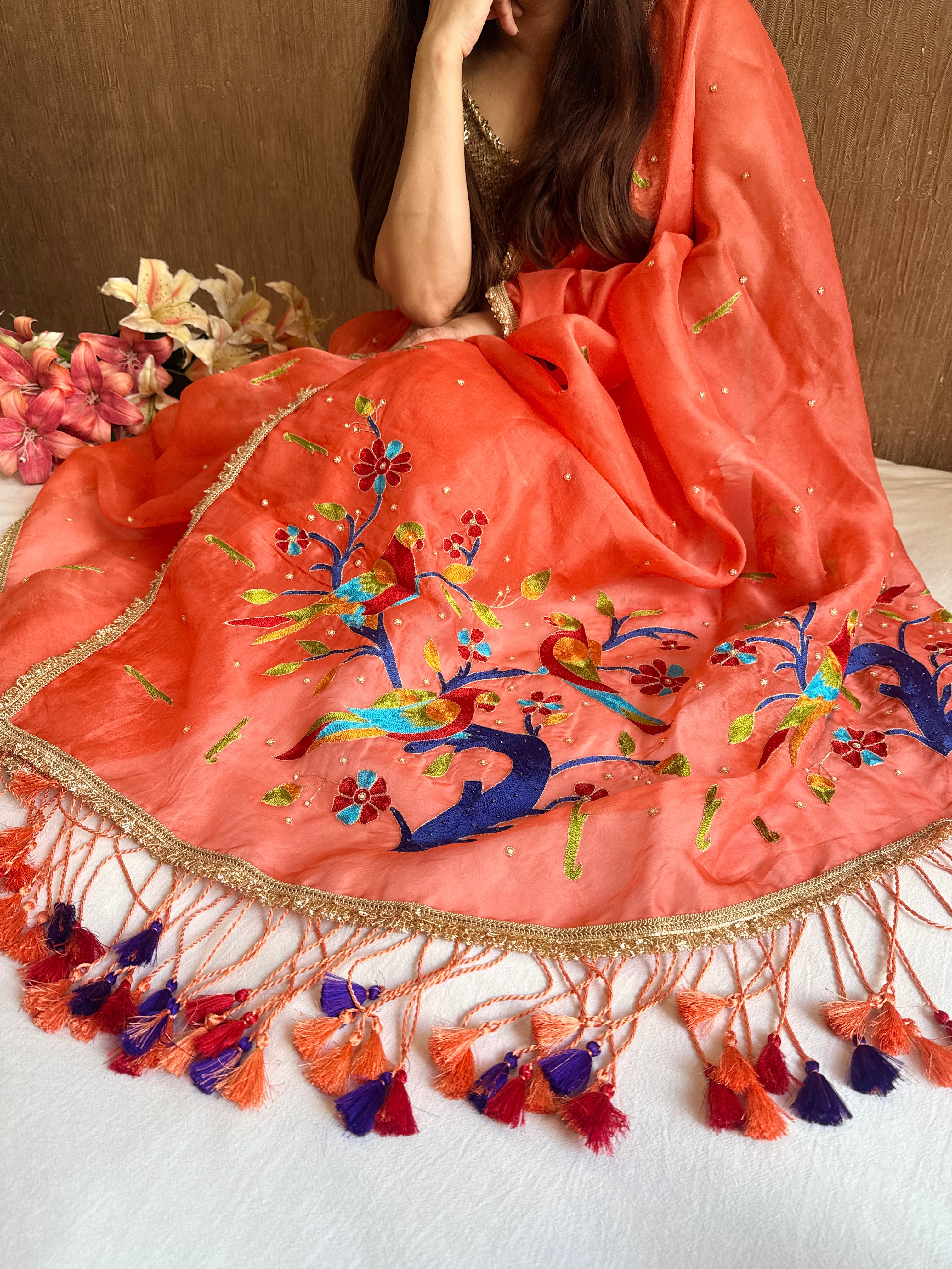 Peach kora silk paithani weaving hand embroidered kadhwa saree
