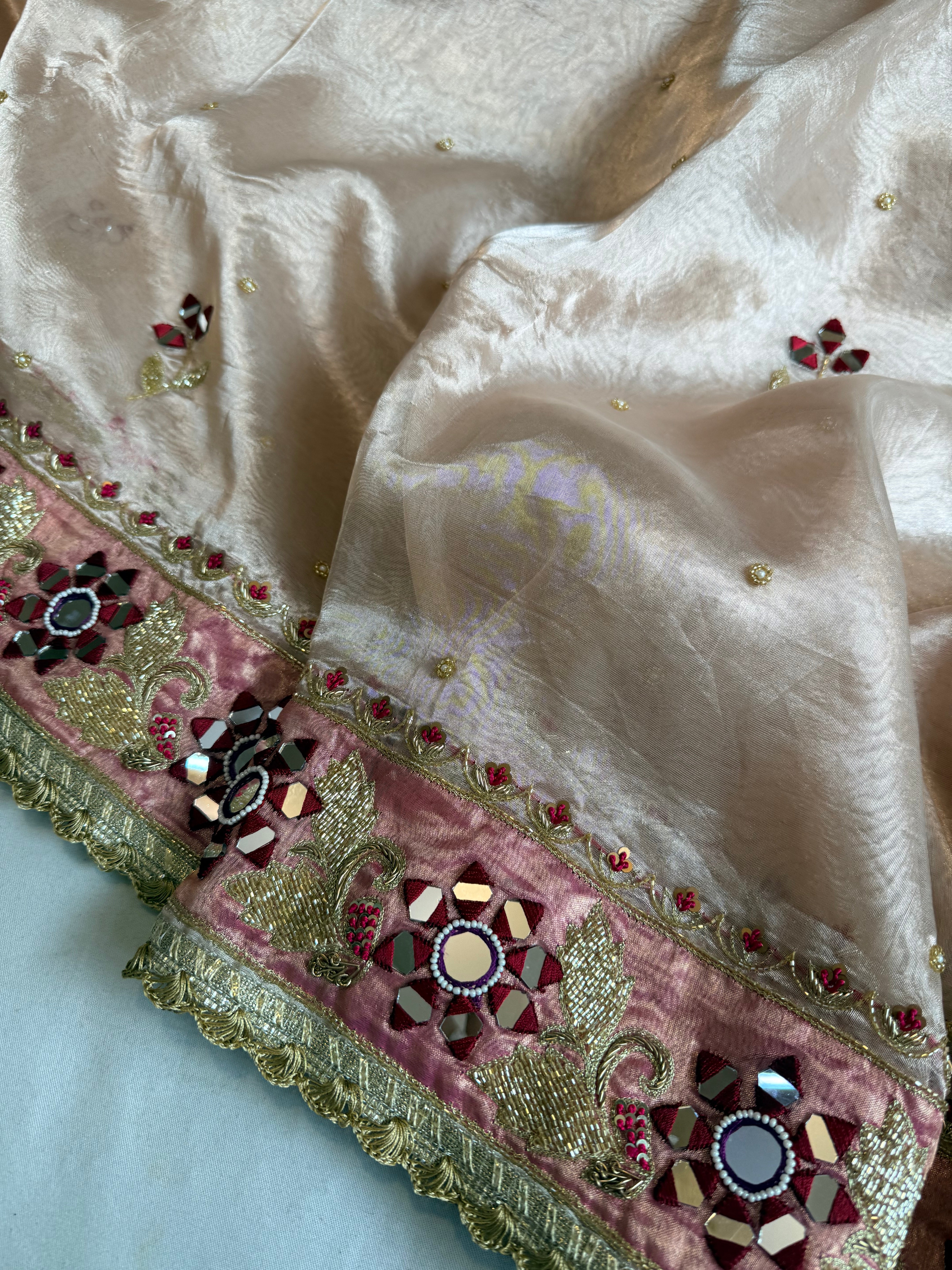 Dulhan wali saree edit copperish tissue silk hand embroidered saree