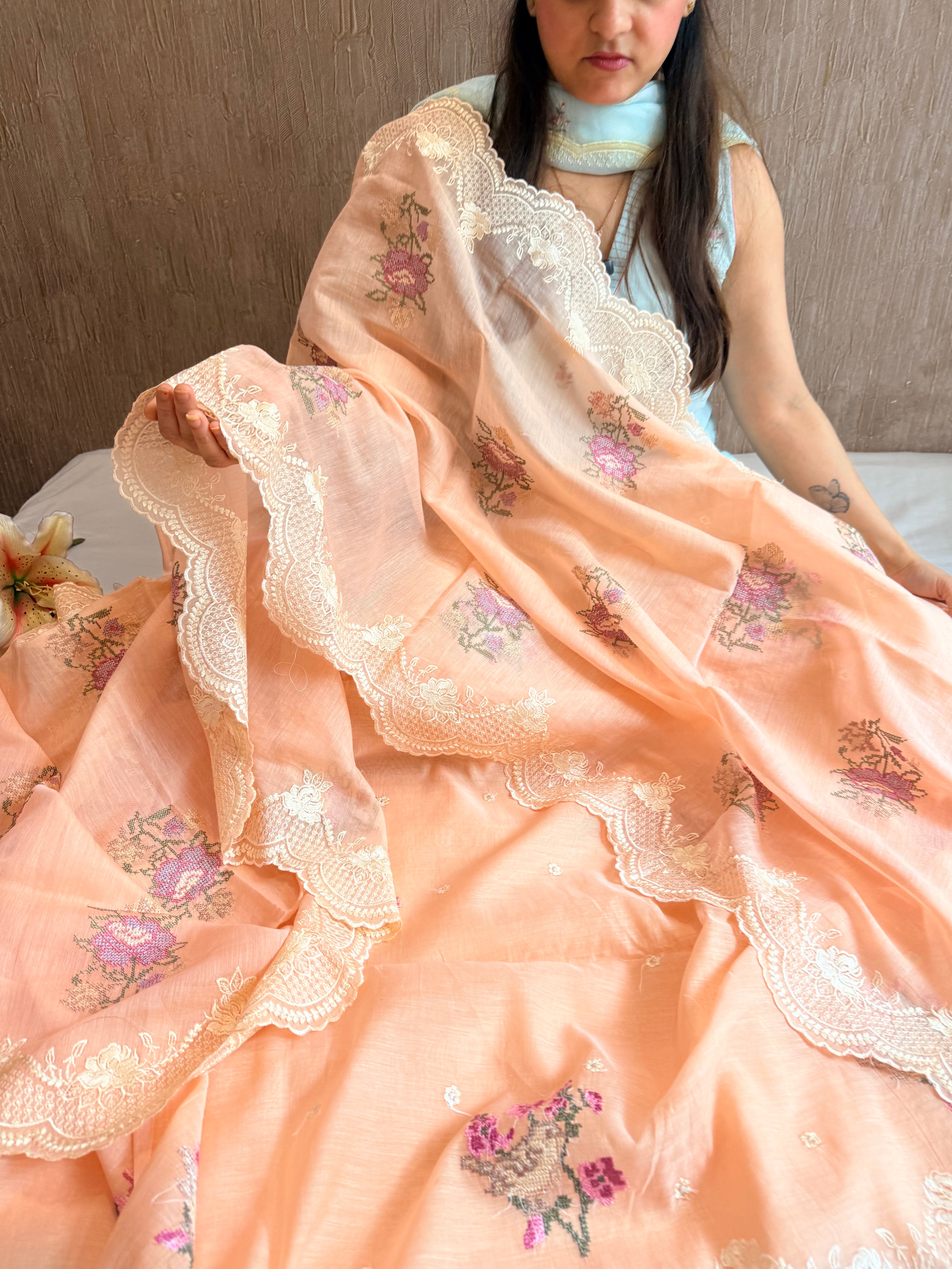 Blush peach cross-stitch hand embroidered resham work suit set