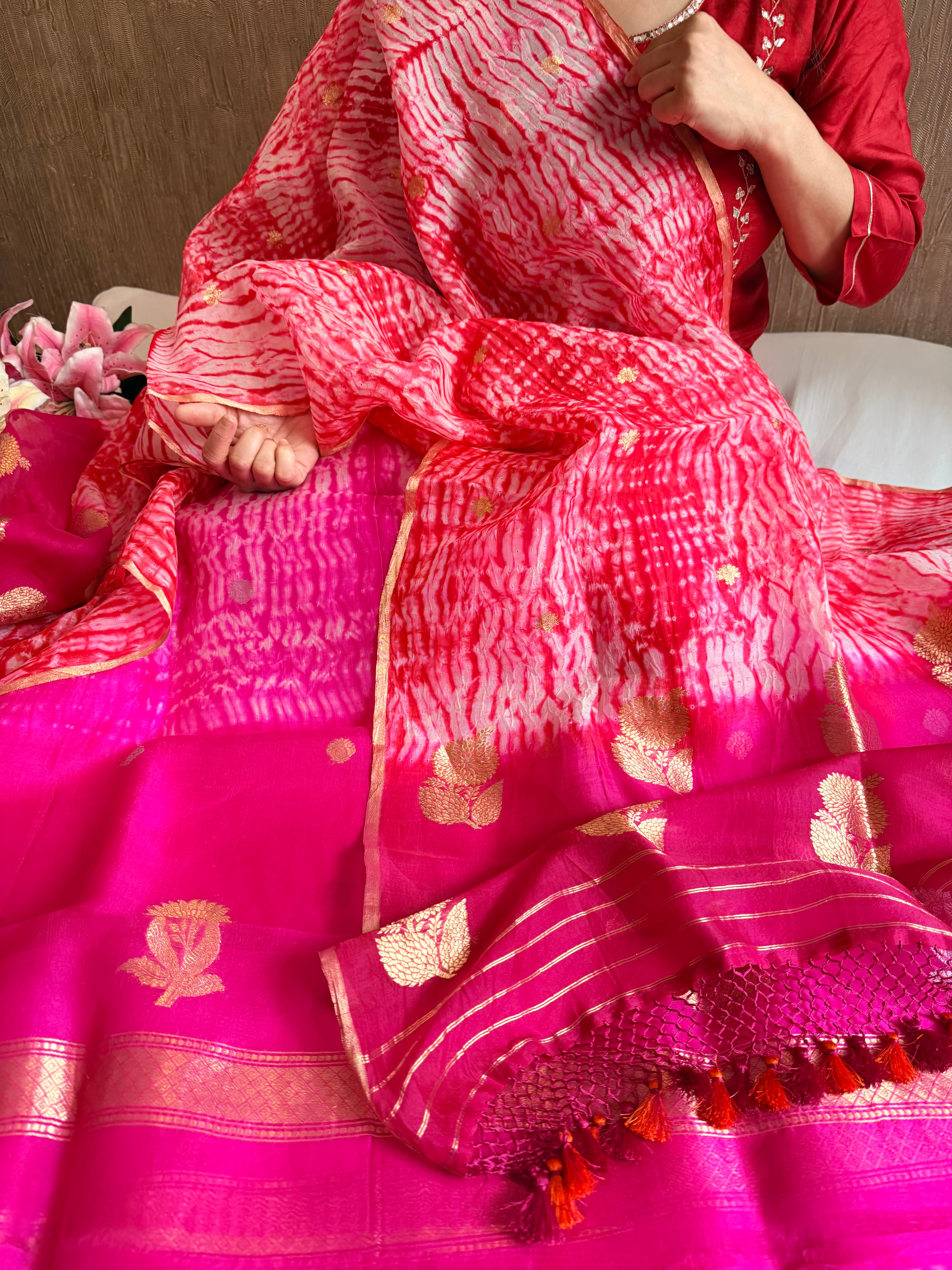 Banarasi kora silk shibori dyed kadhwa buti meenakari suit set