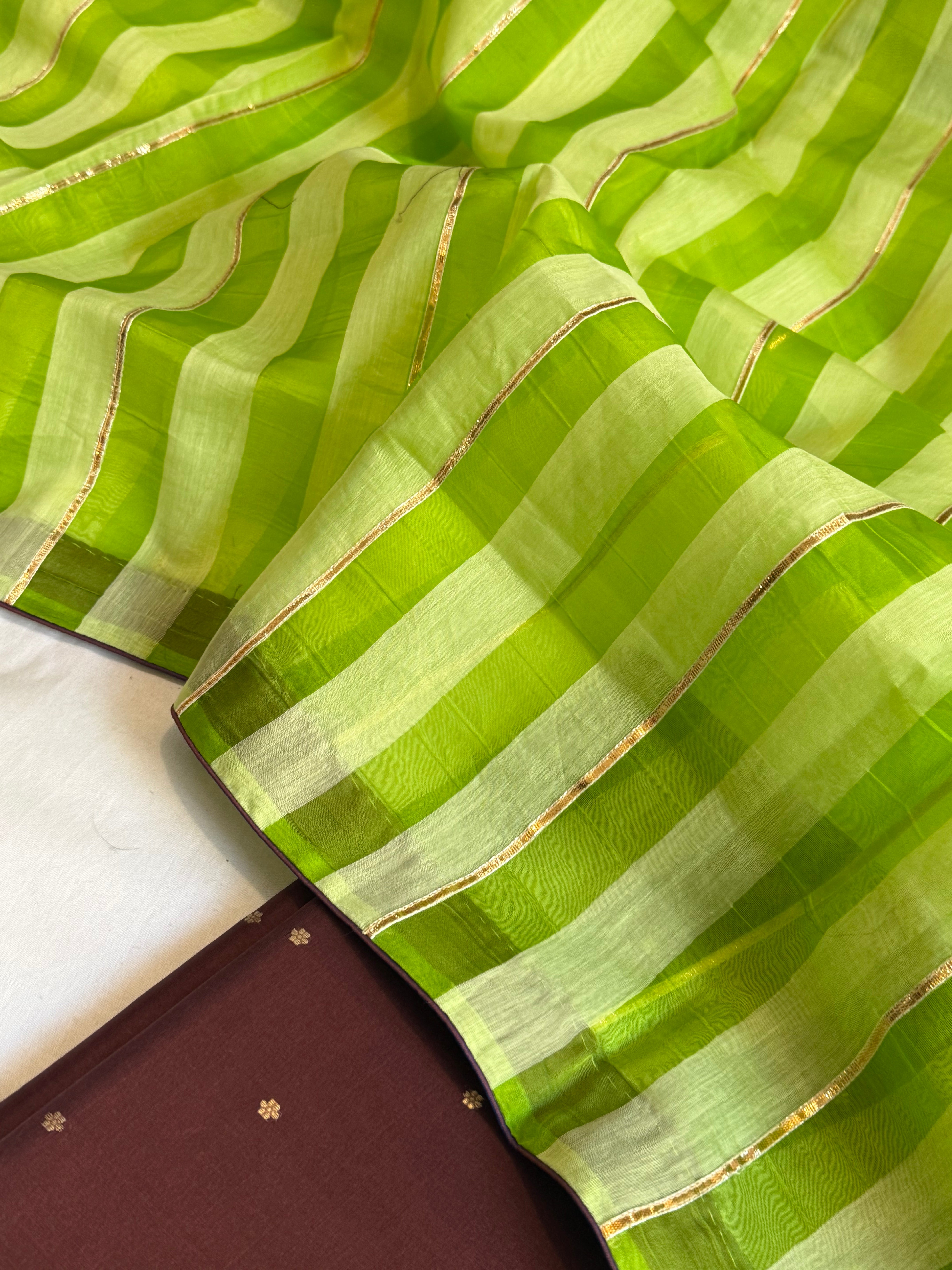 Banarasi kora silk tissue striped suit set