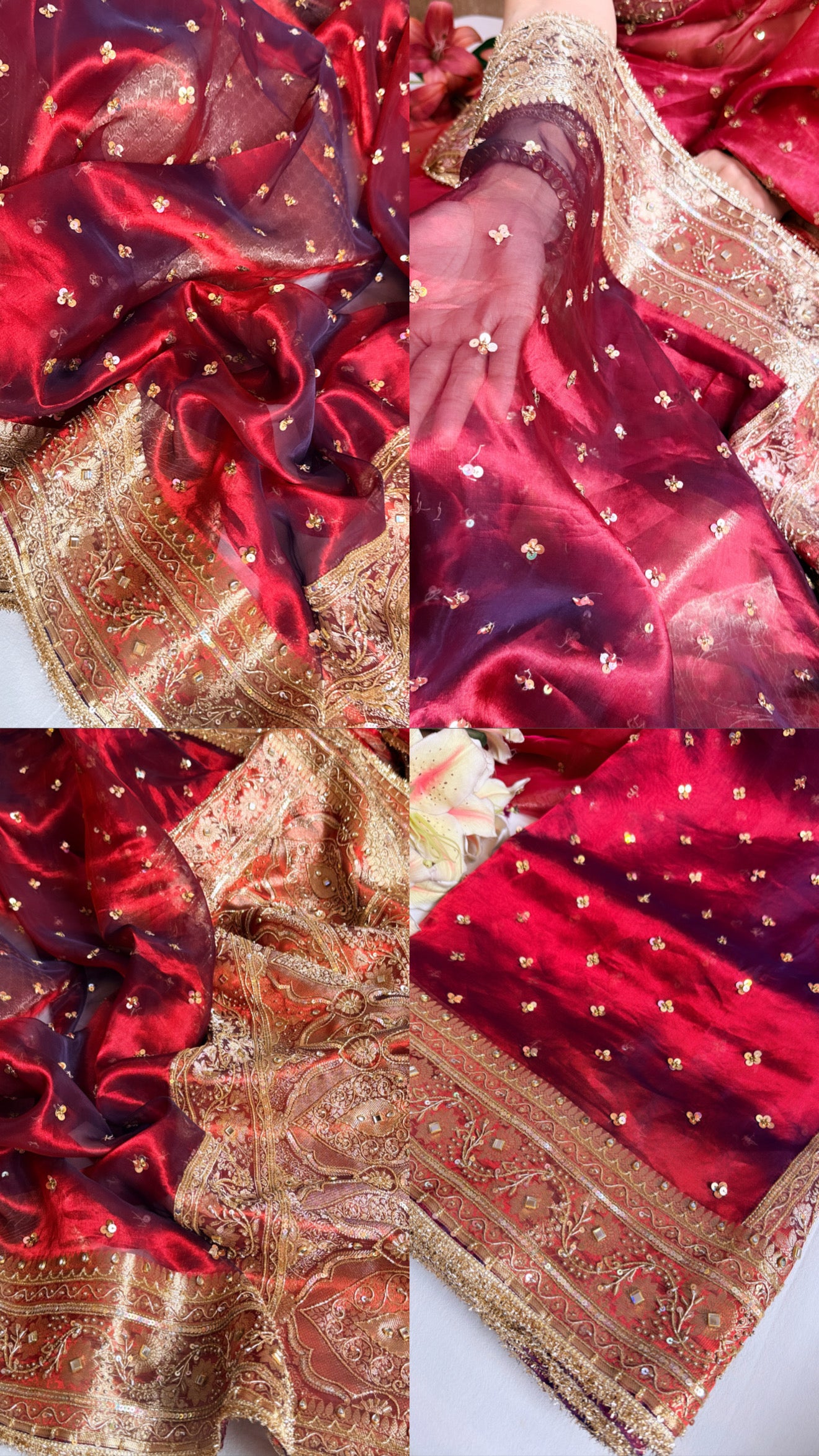 Nayi naveli dulhan wali metallic blood red chunri buti kadhwa tissue saree