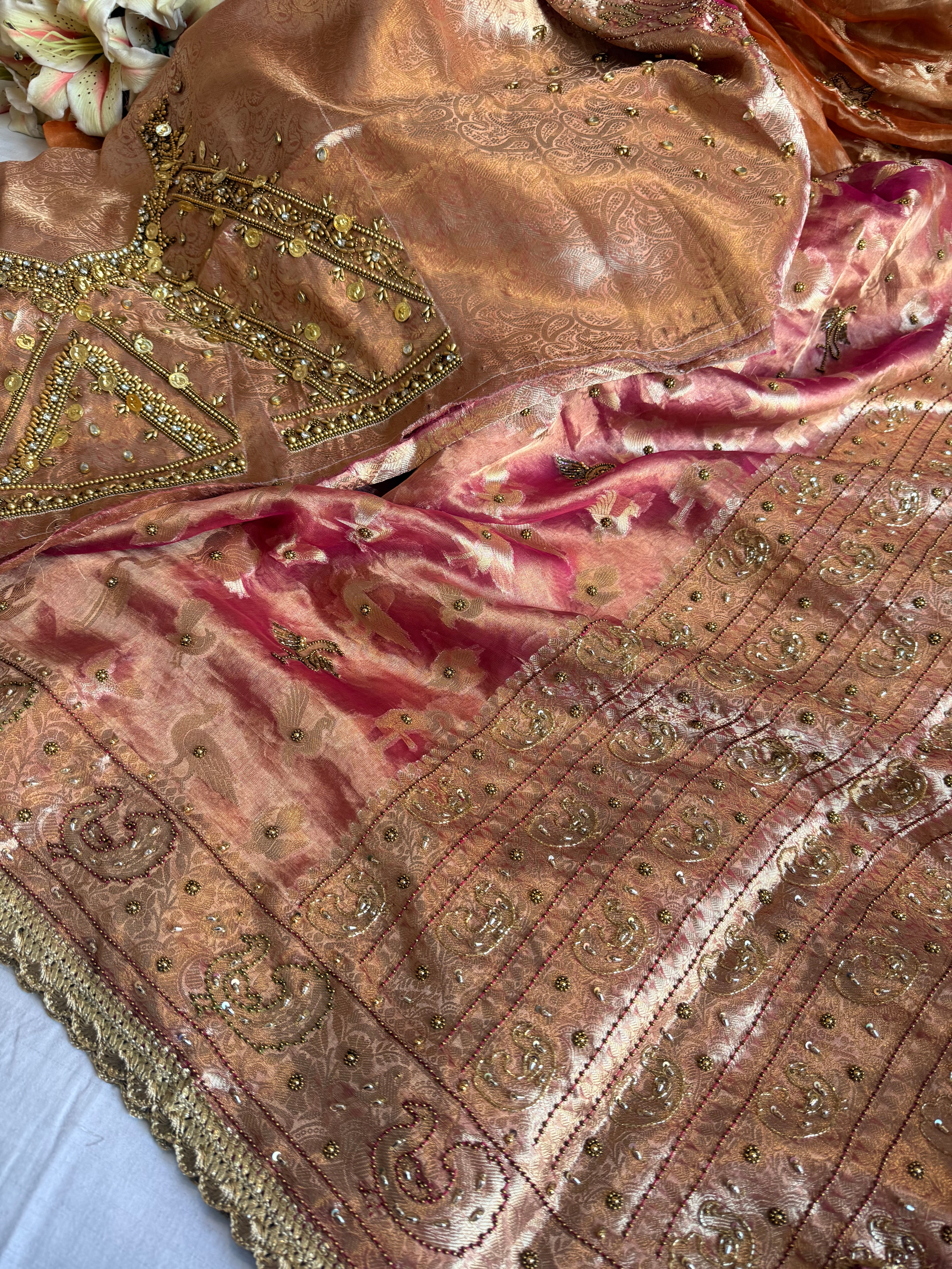 Chiraiya wali saree - Cherry pink tissue silk figure motif weaving and hand embroidered saree