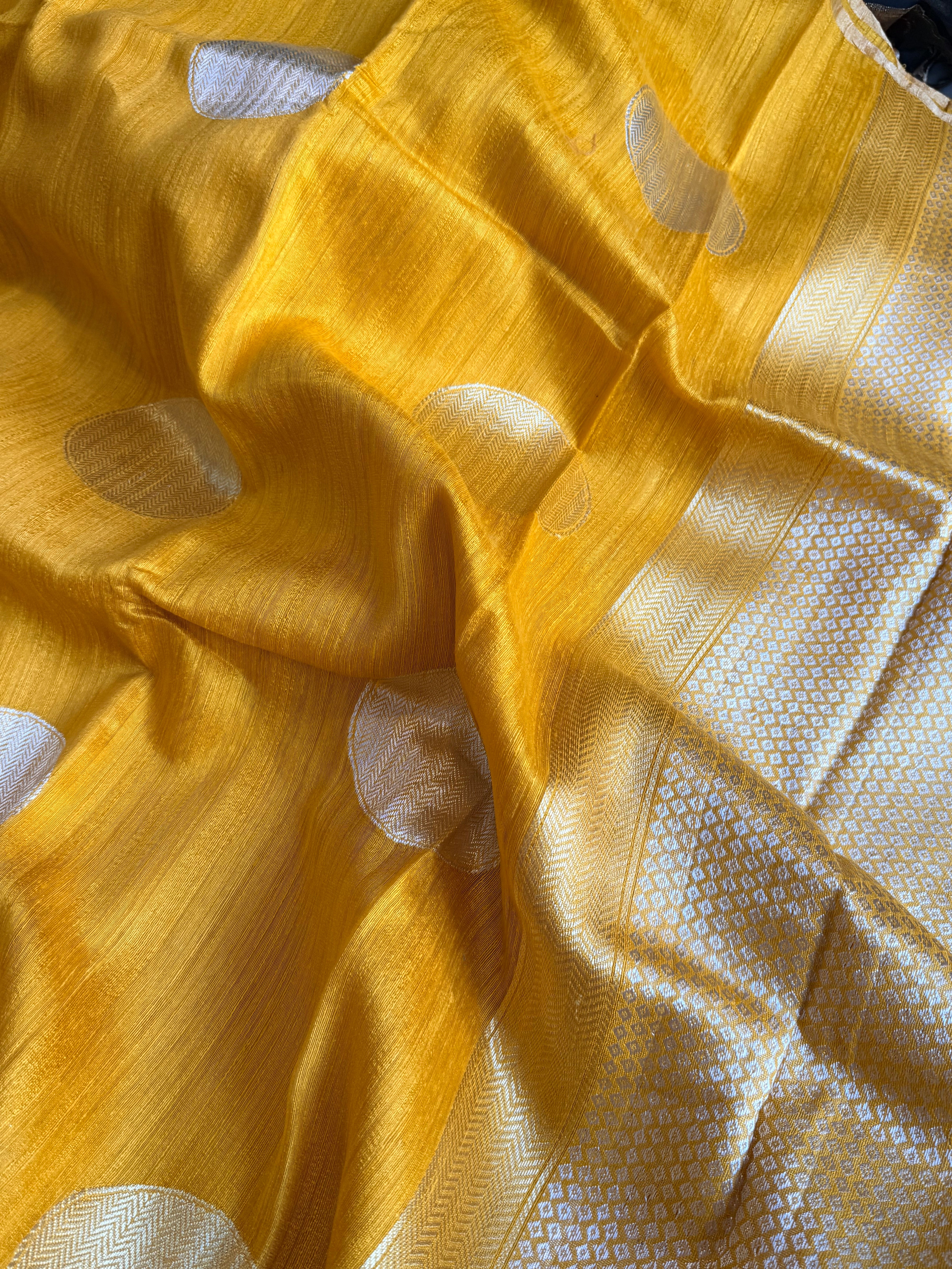 Haldi yellow  tussar gorgette kadhwa weaving saree