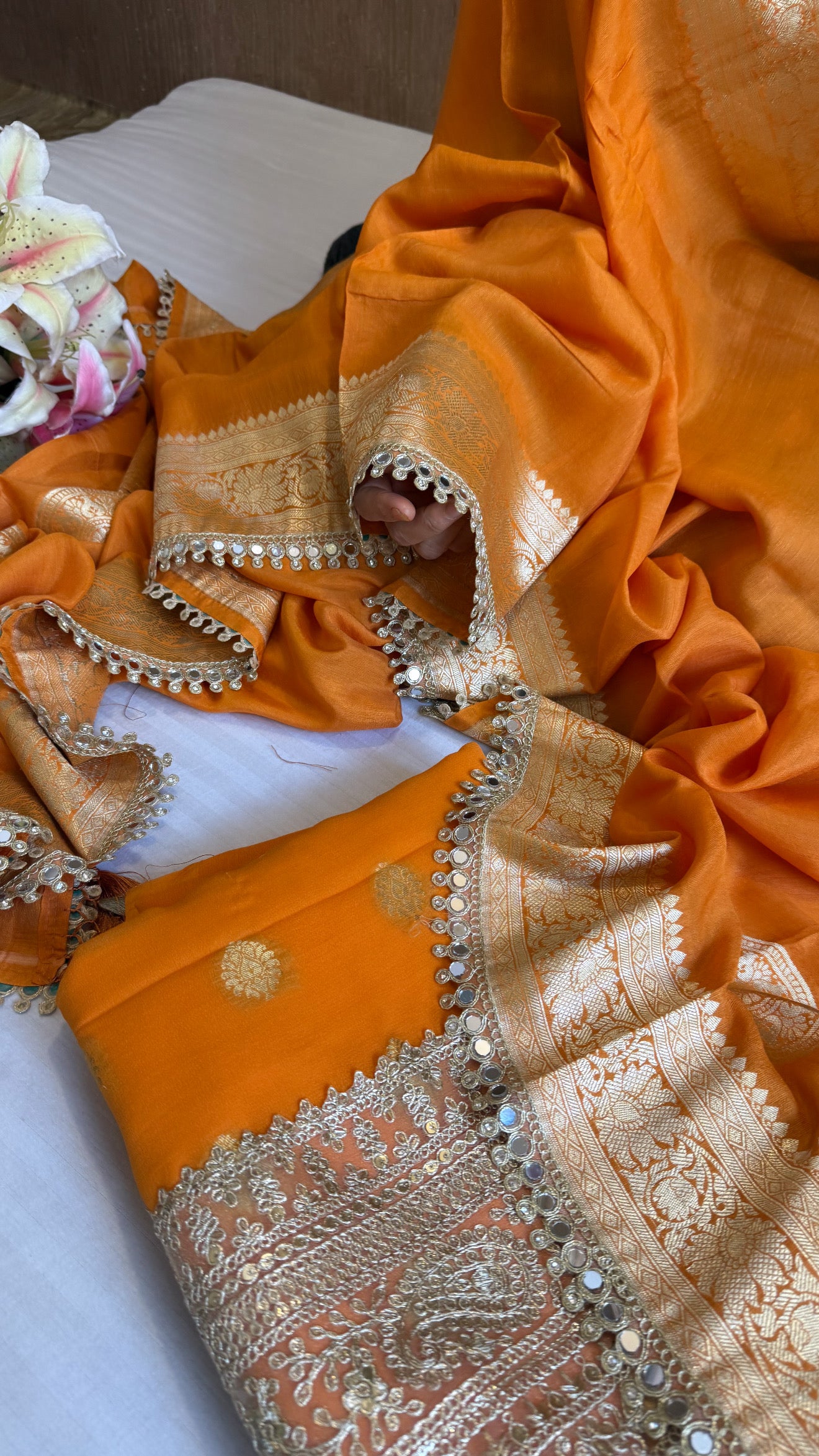 Banarasi mango shade gorgette kadhwa mirror work gotapatti suit set