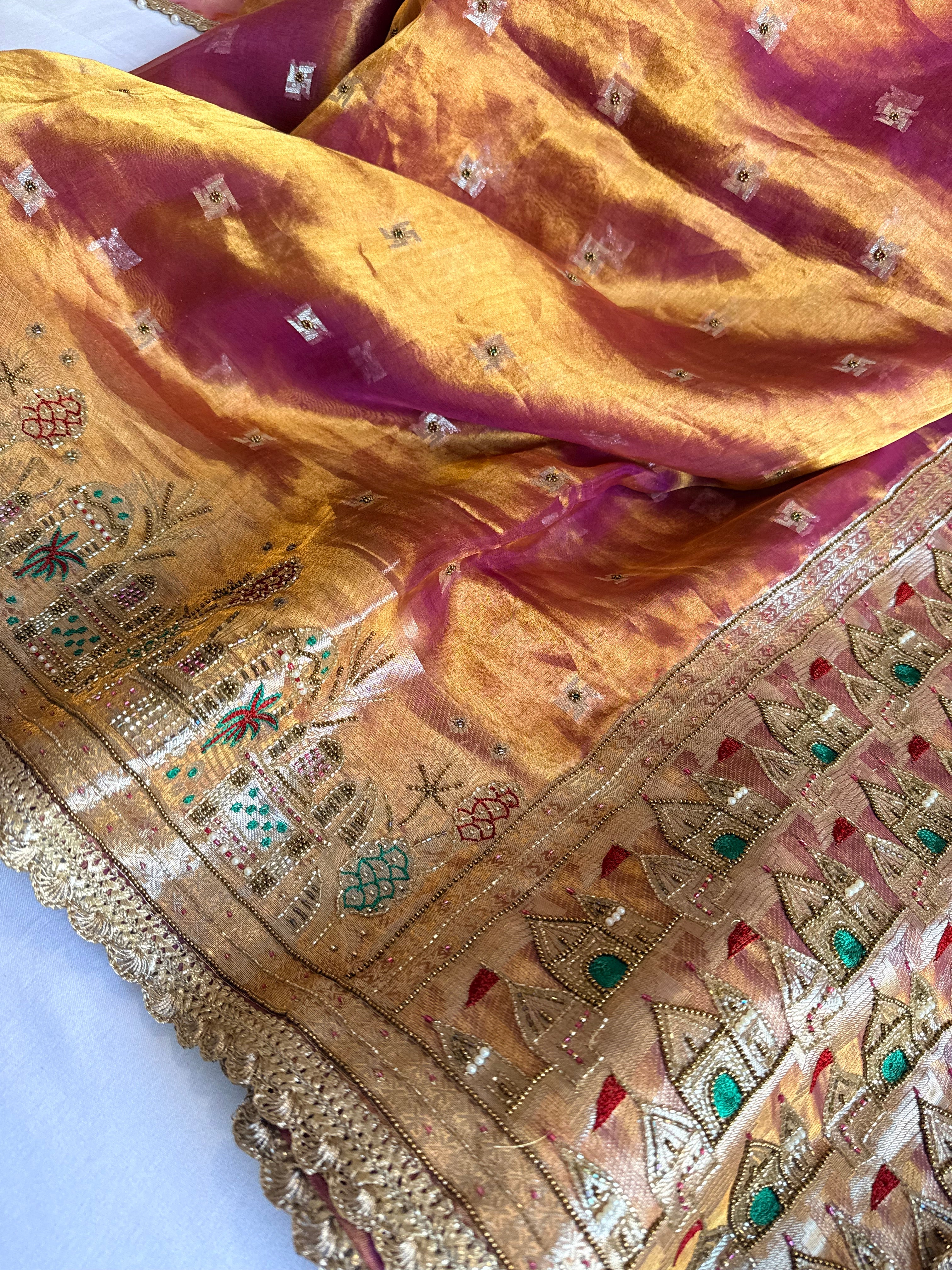 Ganga-darshan edit - Tissue silk kanjivaram purple hand embroidered kadhwa saree