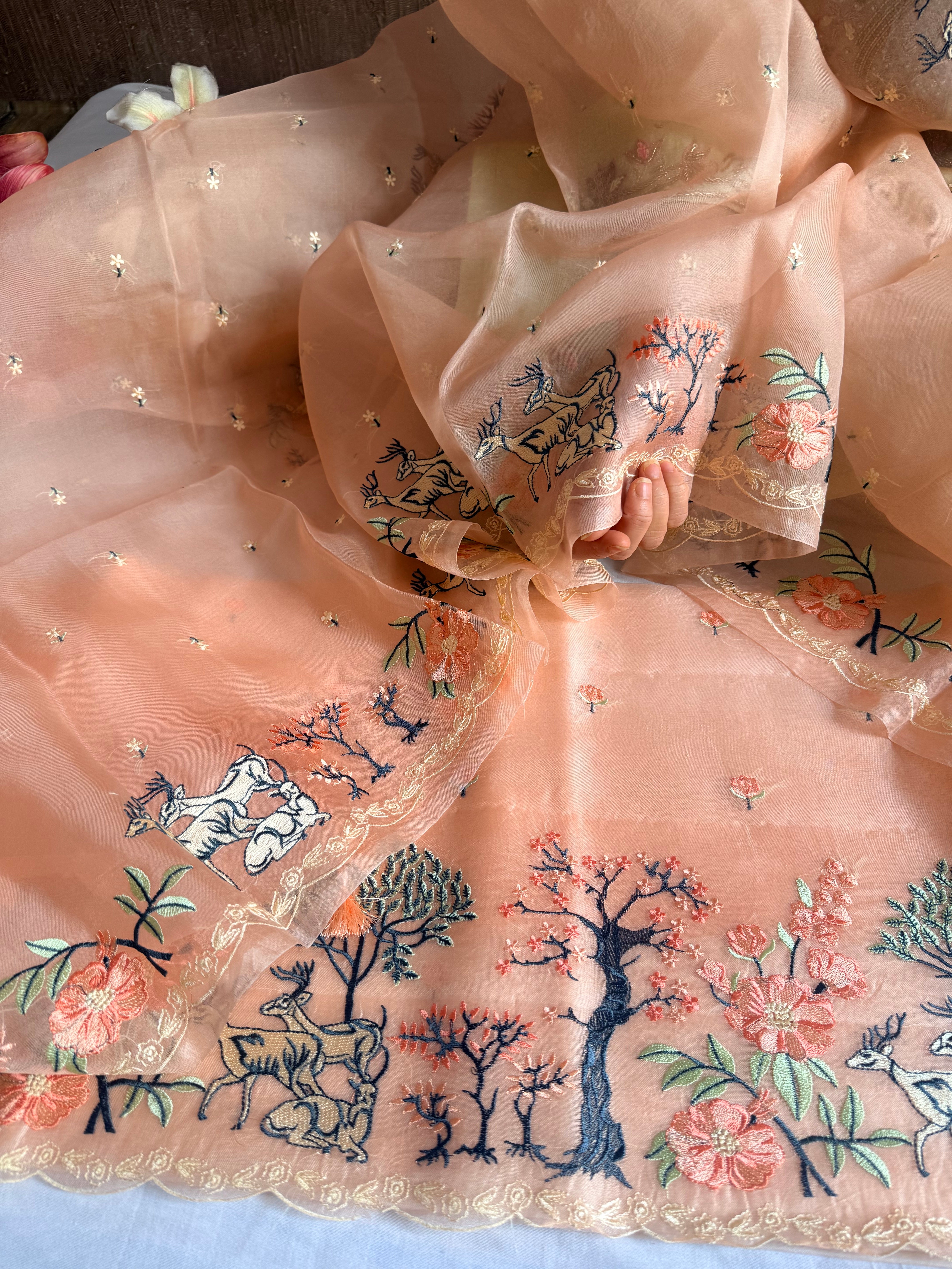 Parsigara kora silk bagh motif hand embroidered suit sets