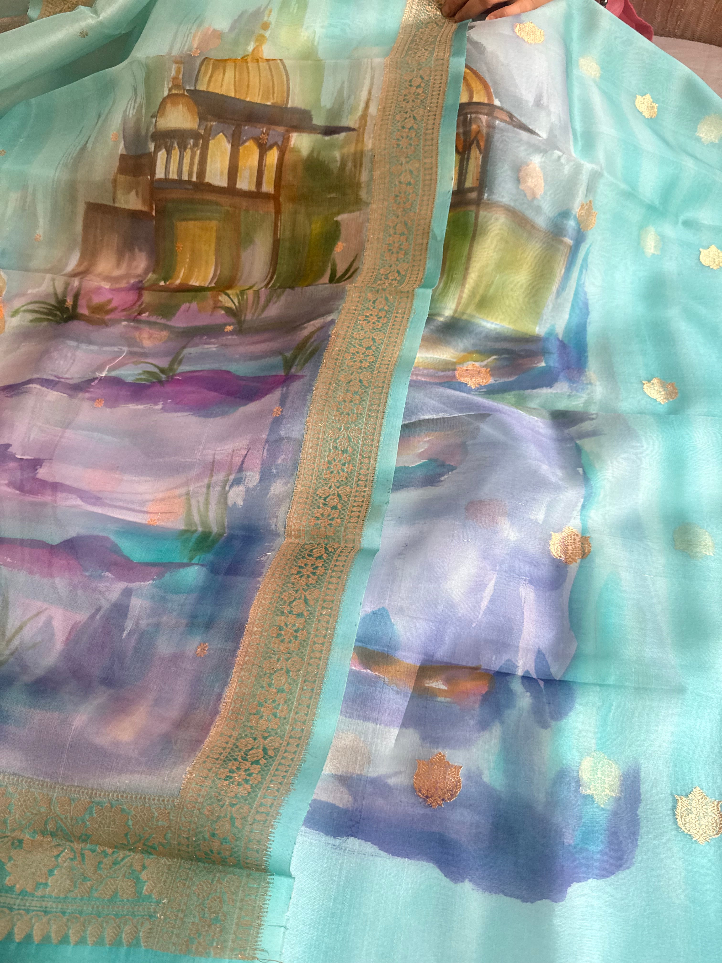 Banarasi kora silk handpainted ghatwork kadhwa buti rainbow dye suits