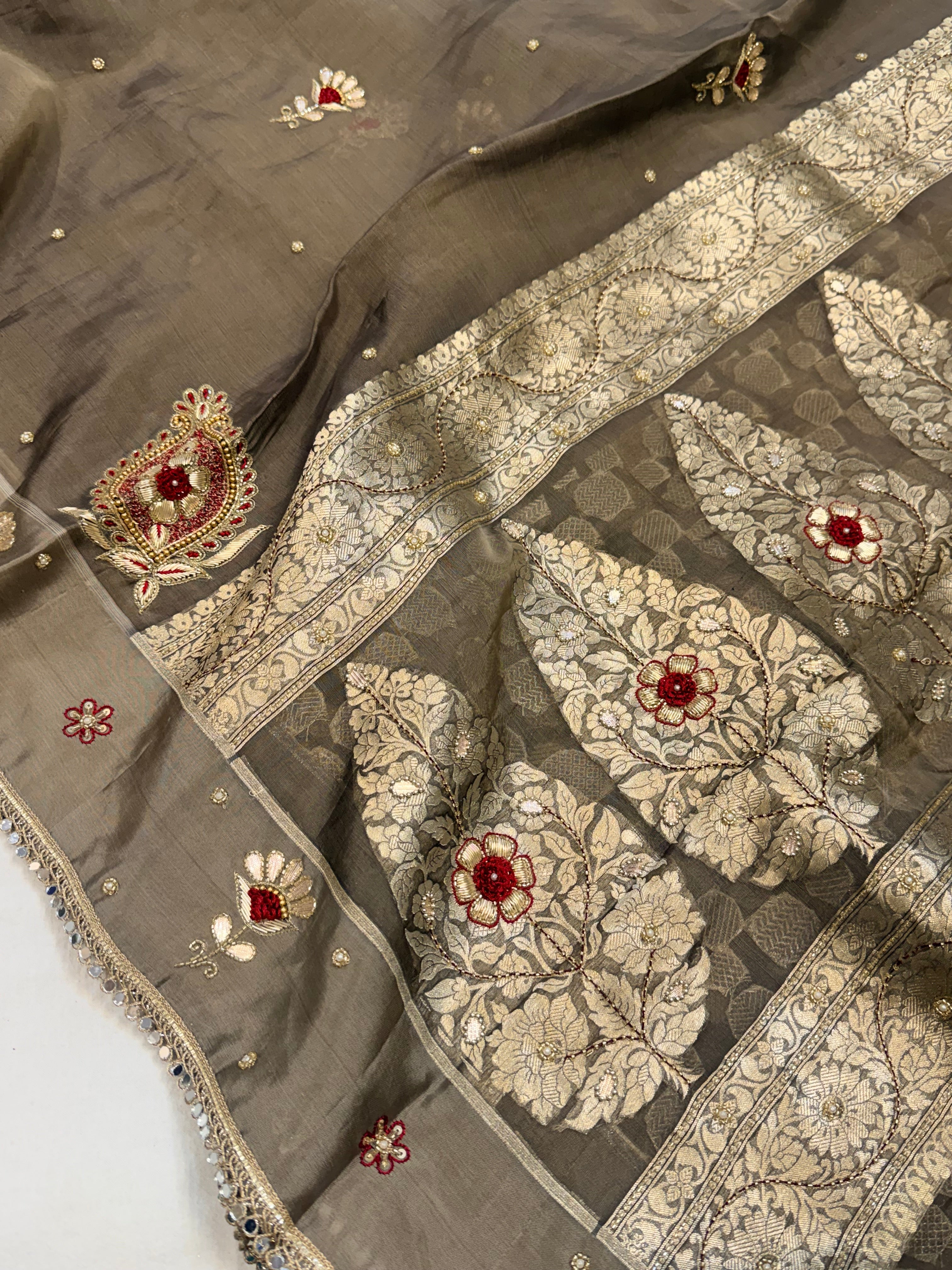 Metal grey tissue silk hand embroidered kadhwa saree