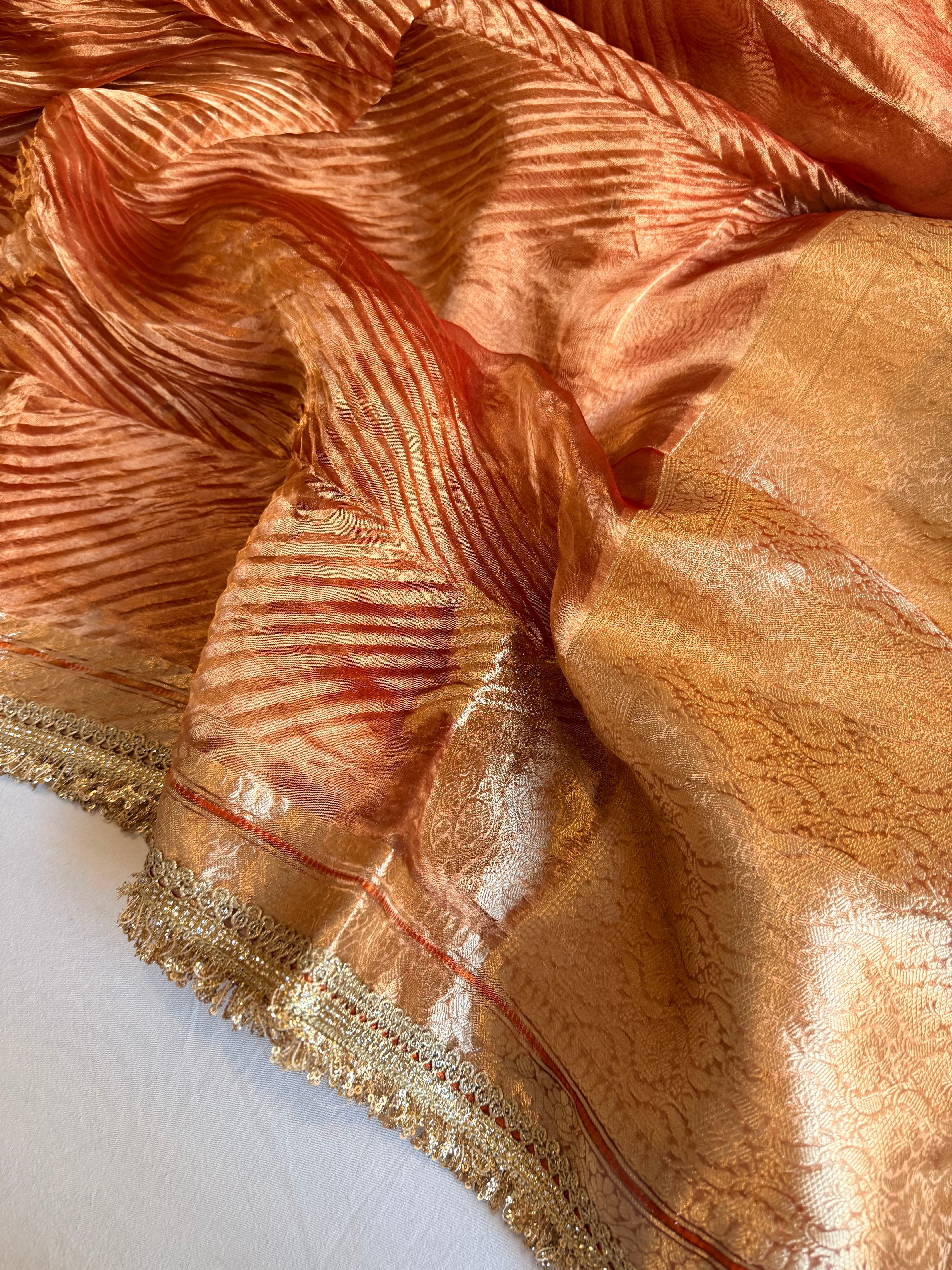 Rust red tissue silk arshi dyed mirrorwork hand embroidered kadhwa saree