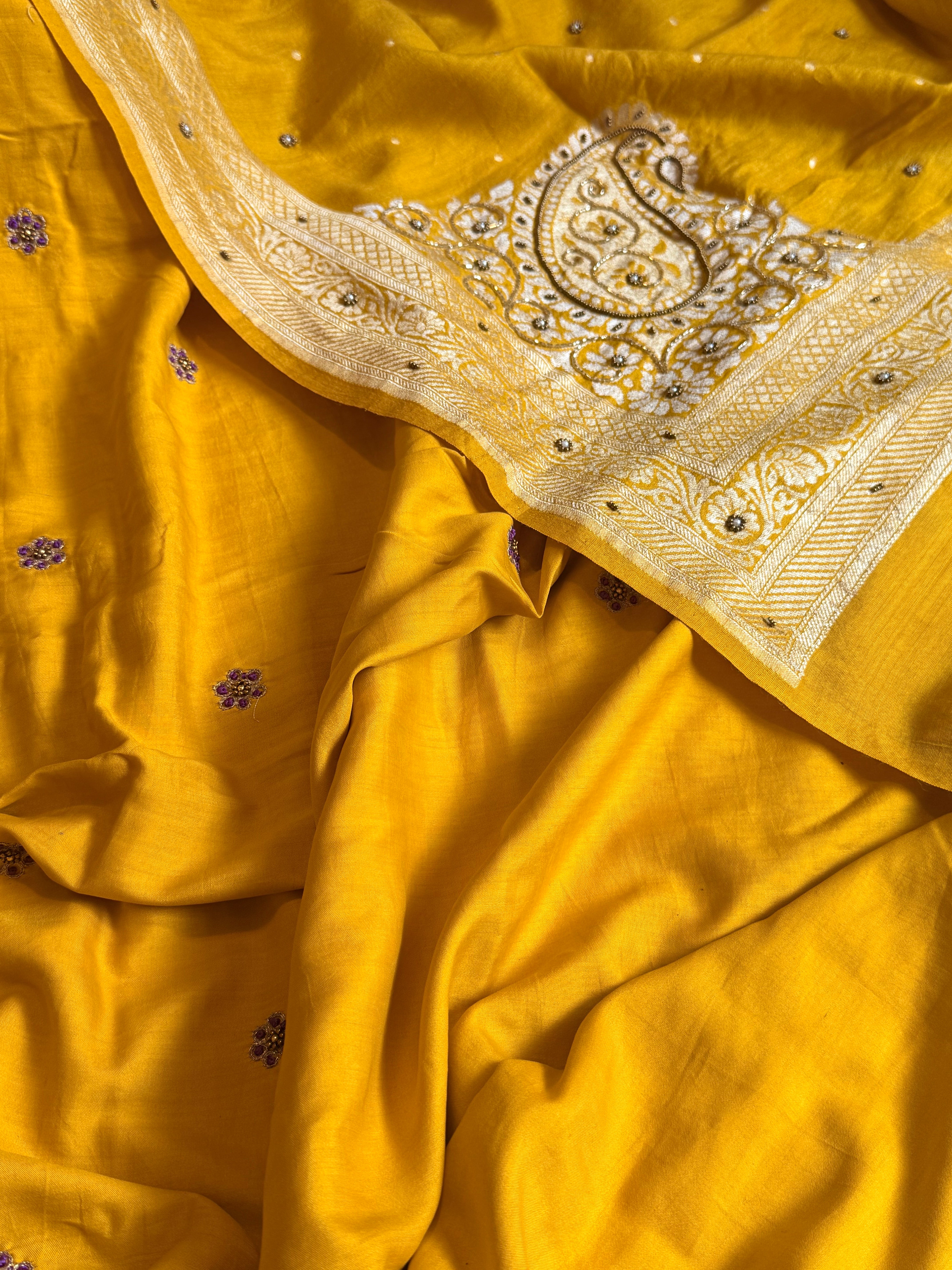 Haldi yellow spun chiniya silk hand embroidered mandala work suit set