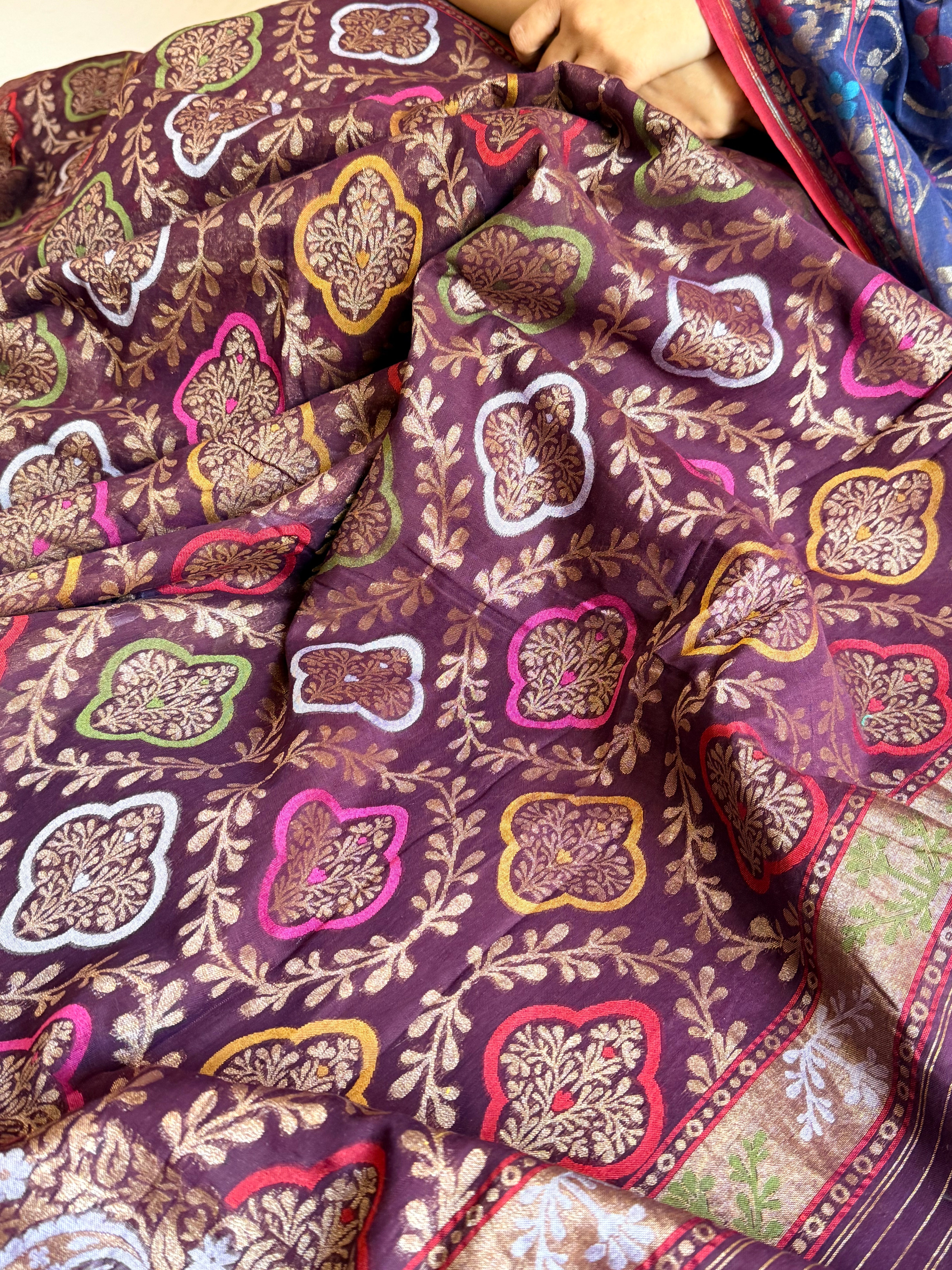 Iktara cotton jamdani wine meenakari kadhwa saree