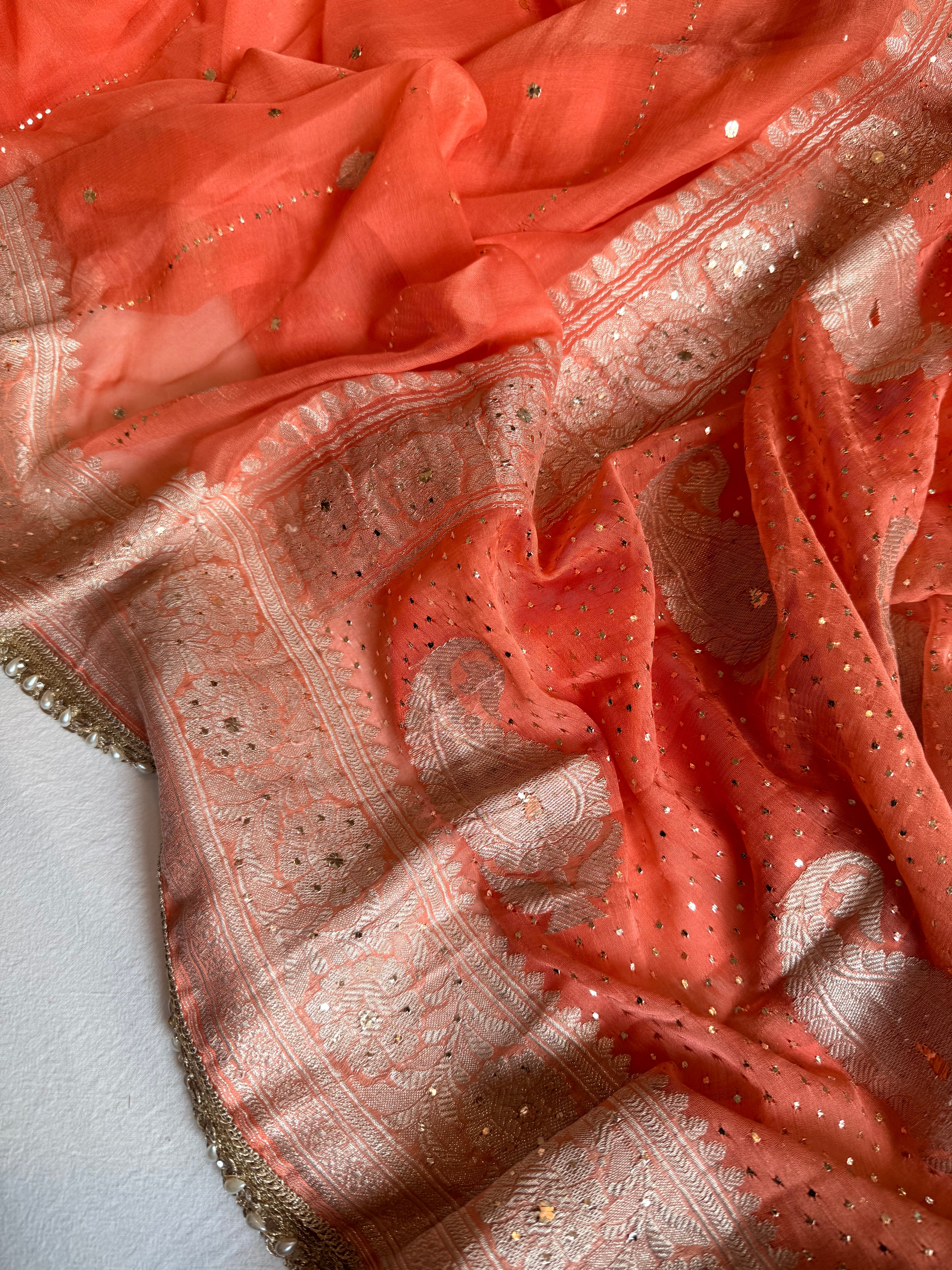 Chiffon gorgette banarasi fanta orange mukaish work hand embroidered saree
