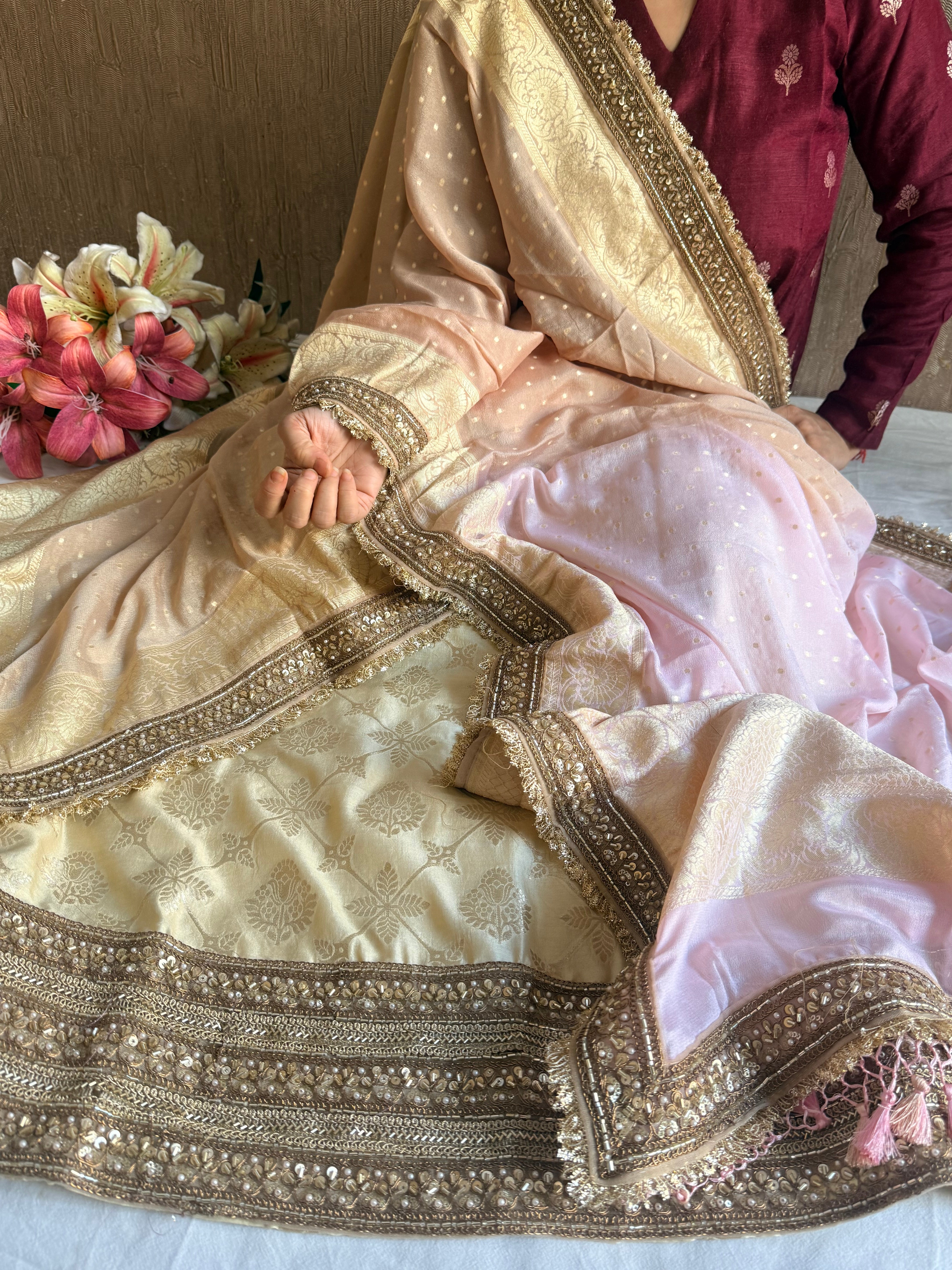 Shaded moonga silk zardozi work hand embroidered kadhwa suit sets
