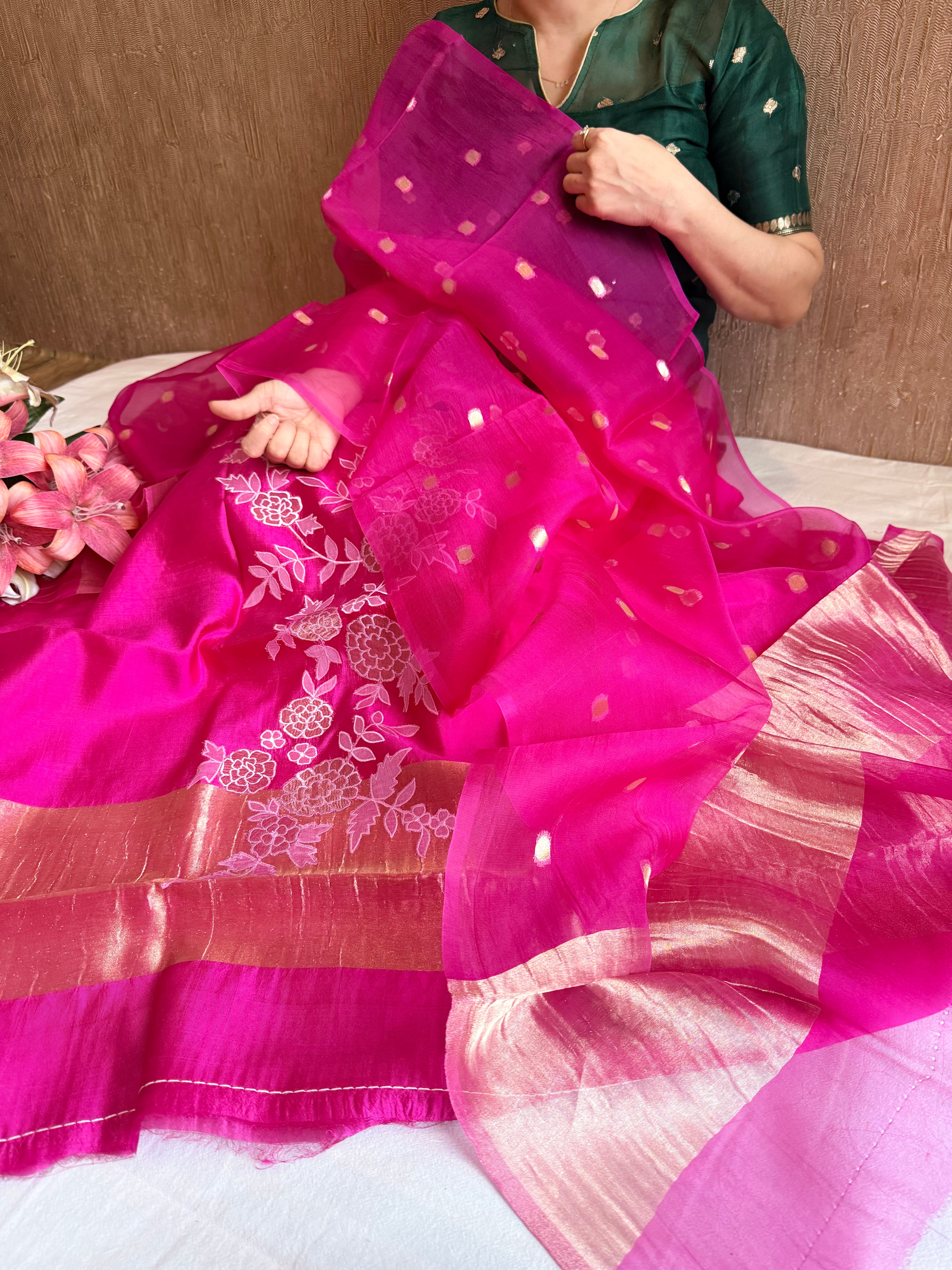 Mango tissue silk appliqué work suit set with kora tissue duppata