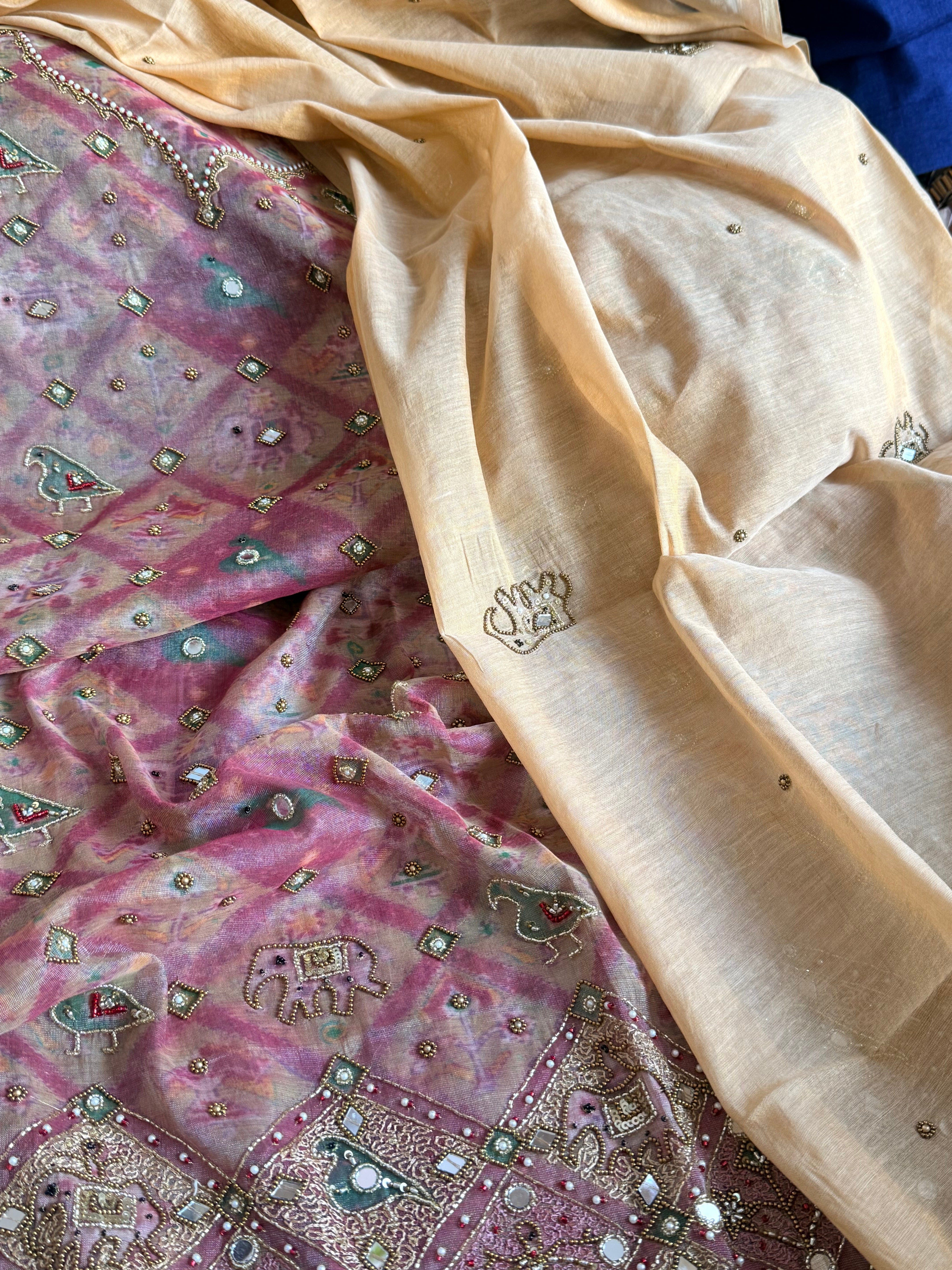 Patola weaving hand embroidered mul cotton tissue suit sets