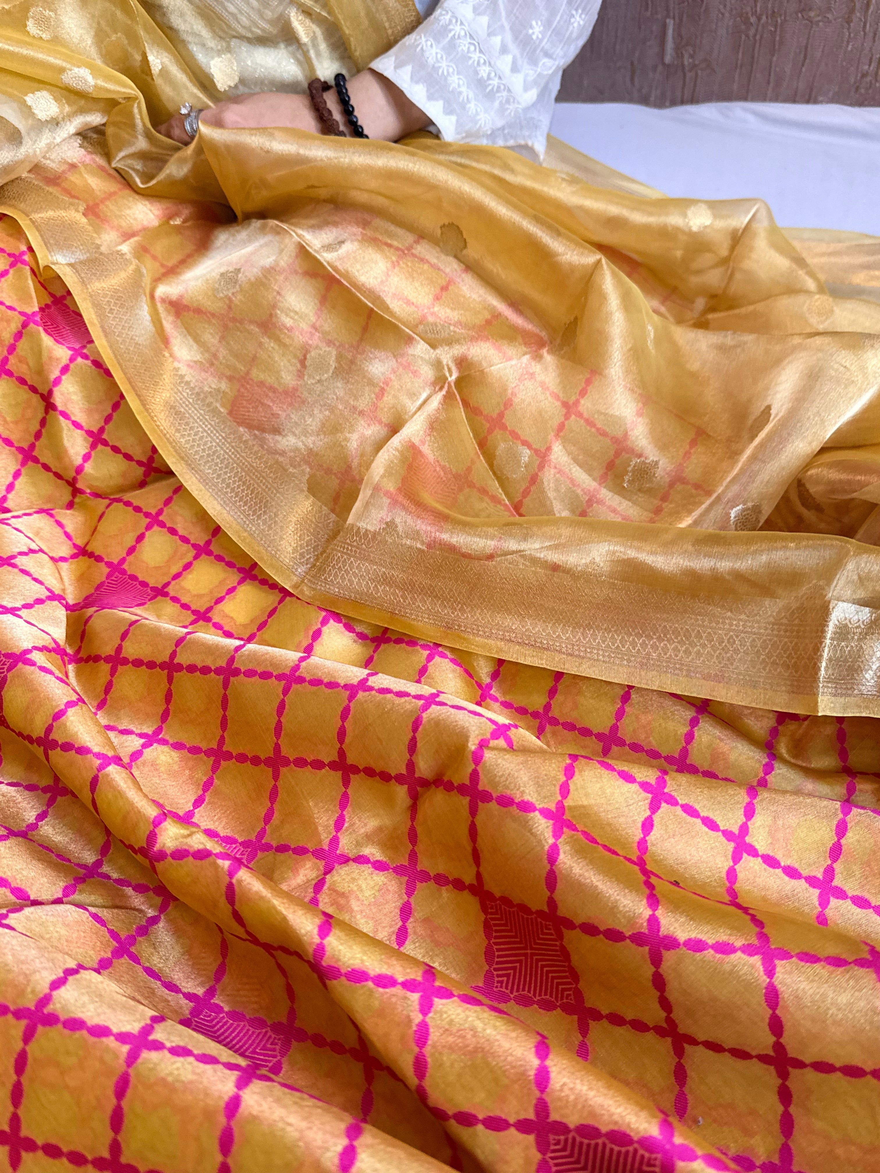 Below 10k - Haldi yellow tissue silk meenakari weaving suit set
