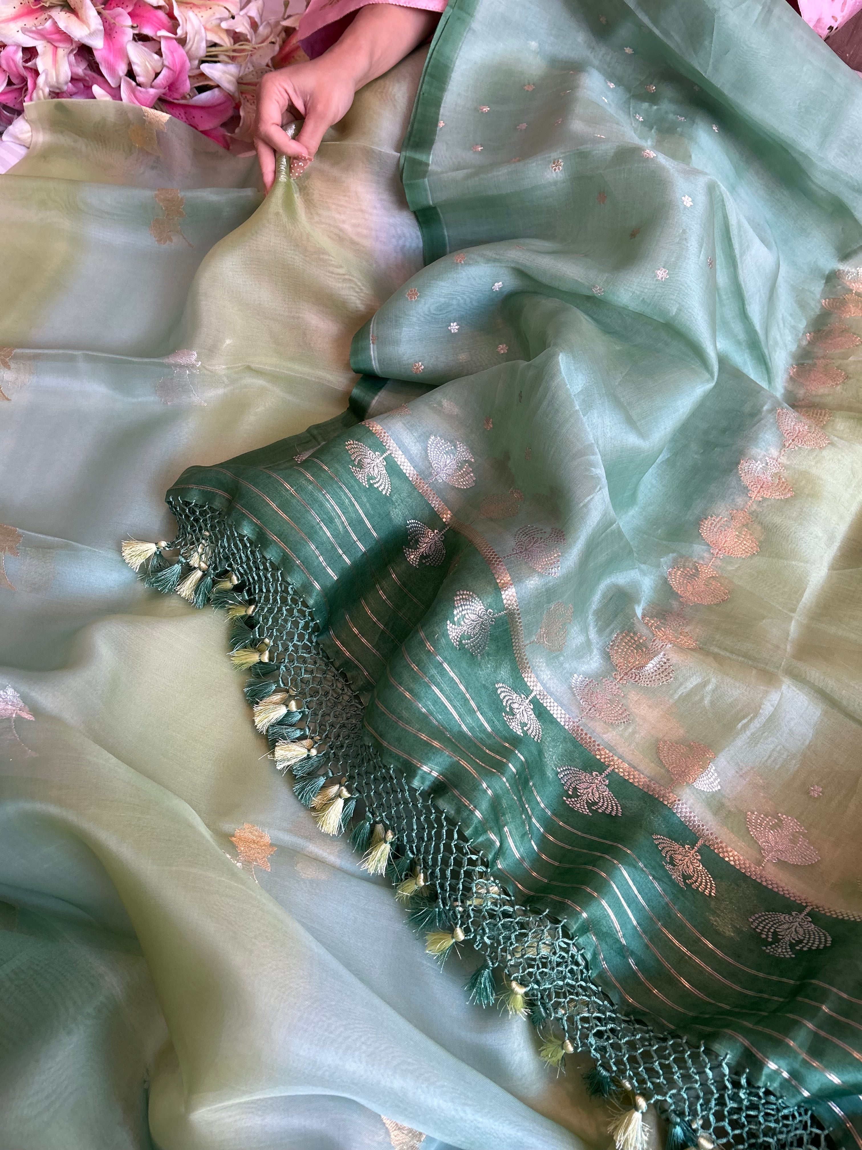 Rainbow dye banarasi kora silk kadhwa buti suit sets