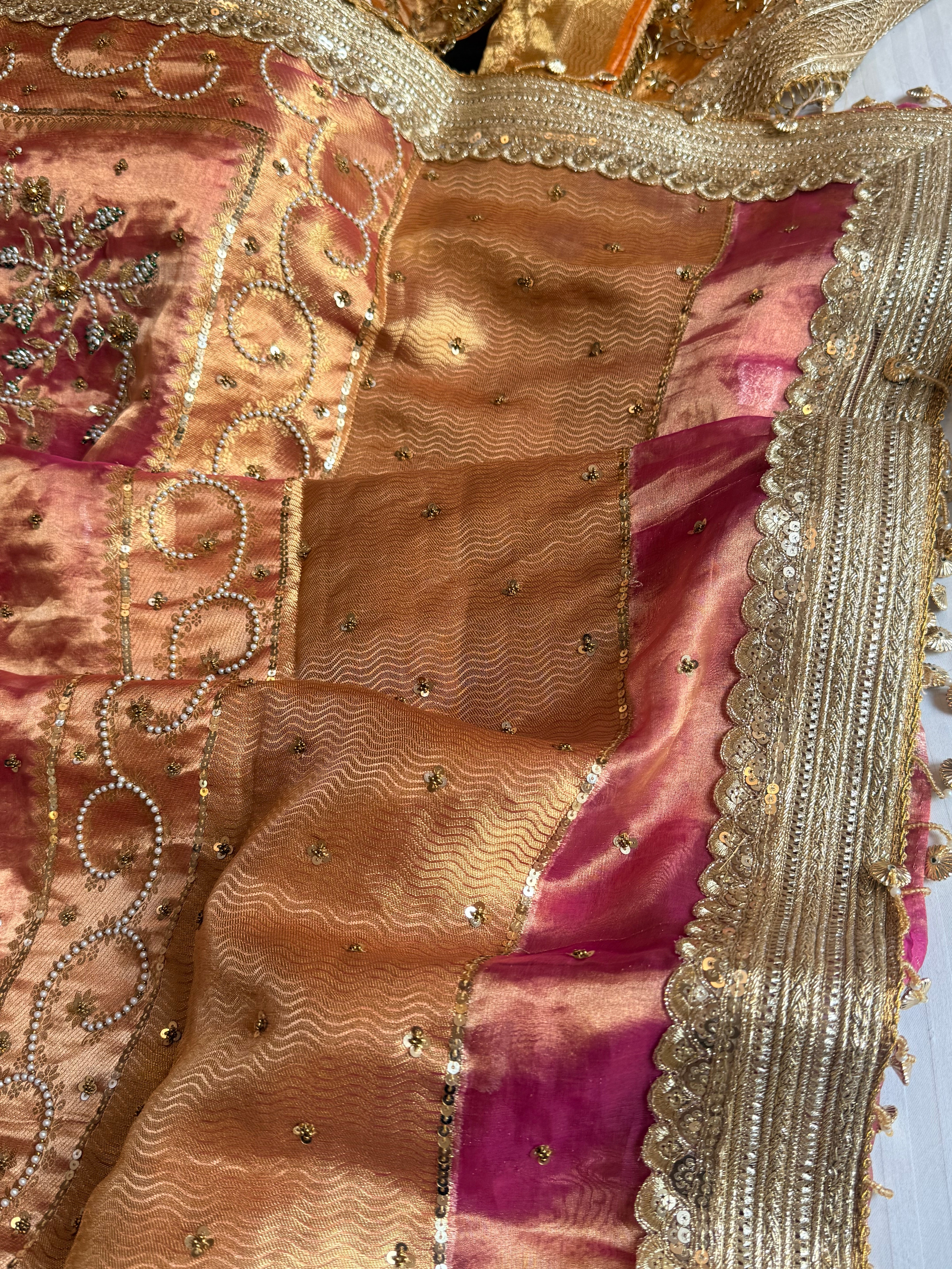 Salma-sitara molten hot pink tissue silk antique work hand embroidered saree