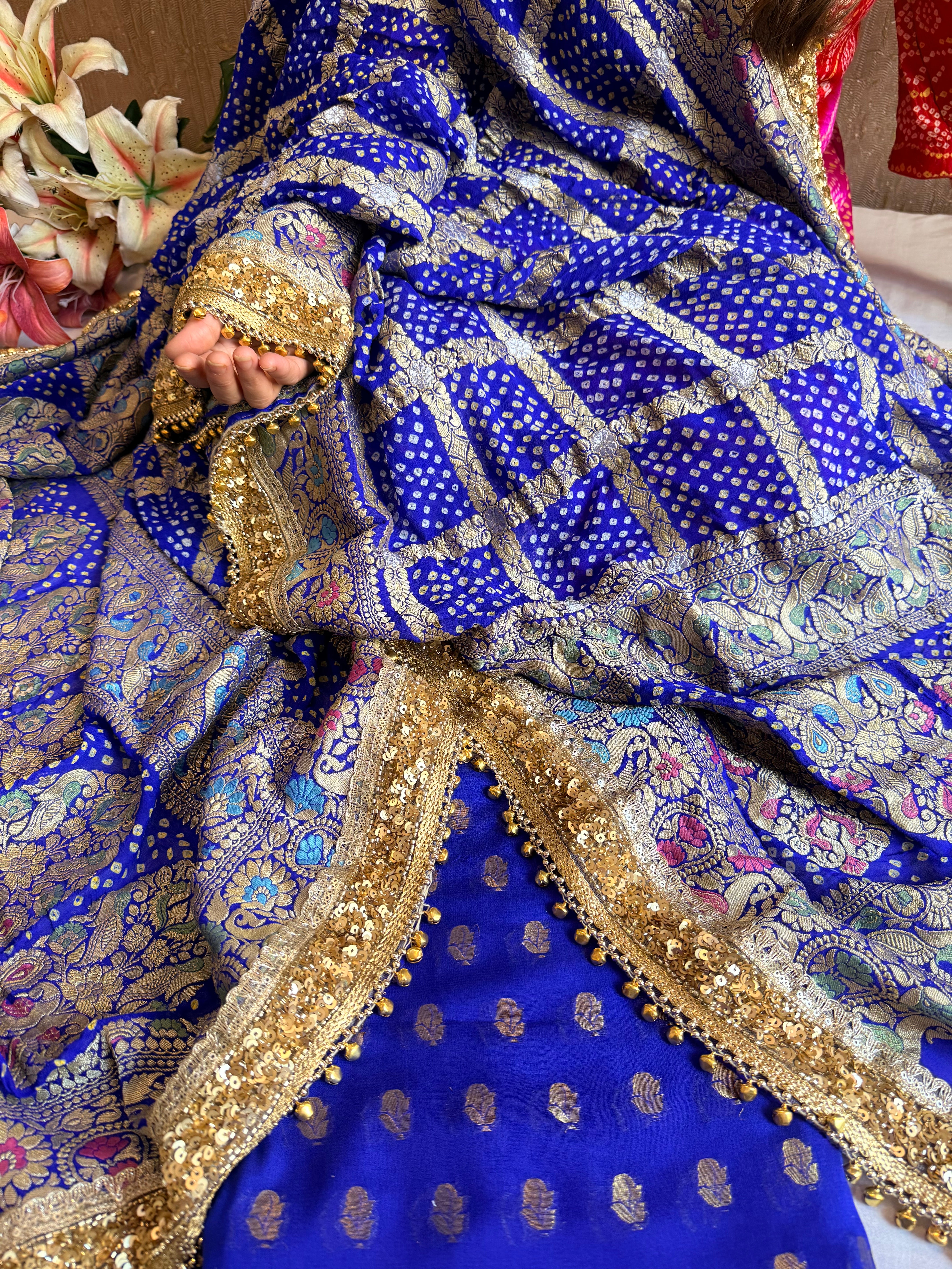 Banarasi bandhej electric blue ghungroo and sequin work chiffon gorgette kadhwa suit set