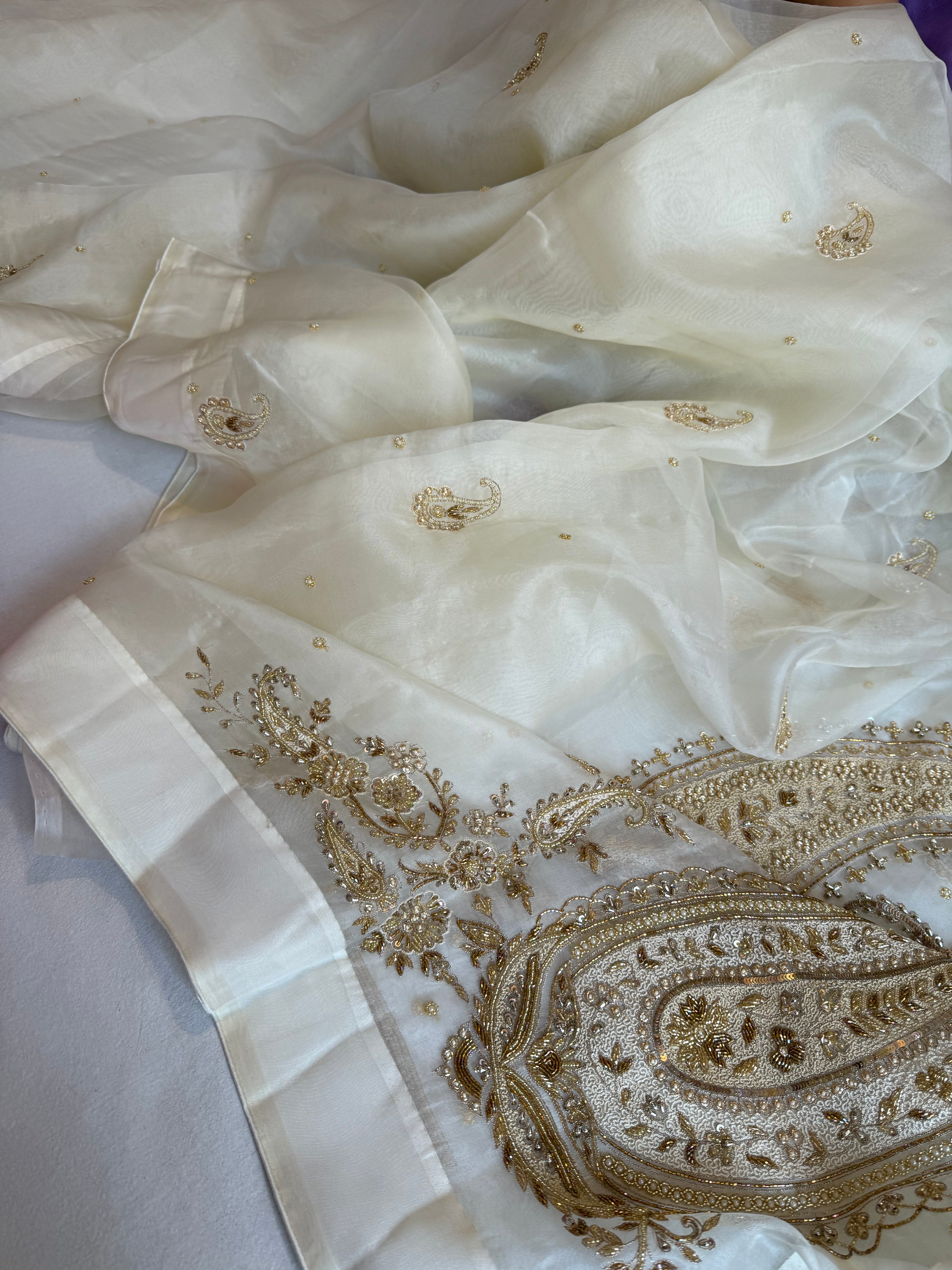 Champagne ivory organza silk satin border hand embroidered kadhwa saree