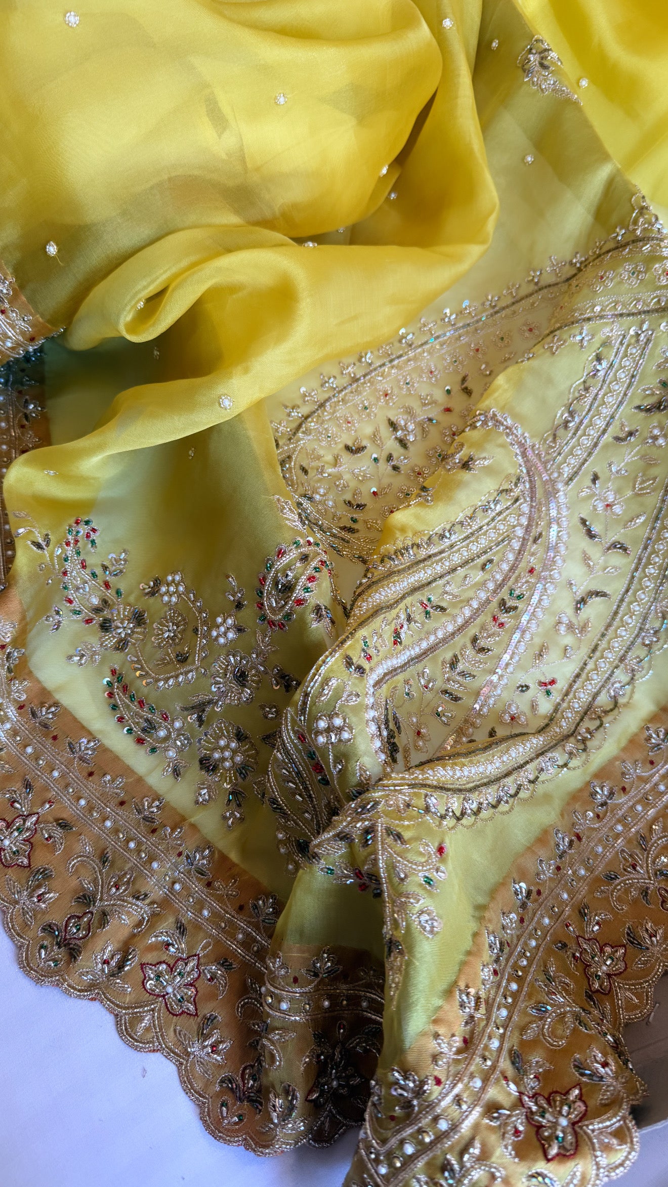 Mummy ki purani wali saree edit - Pineapple yellow kora silk kadhwa hand embroidered saree