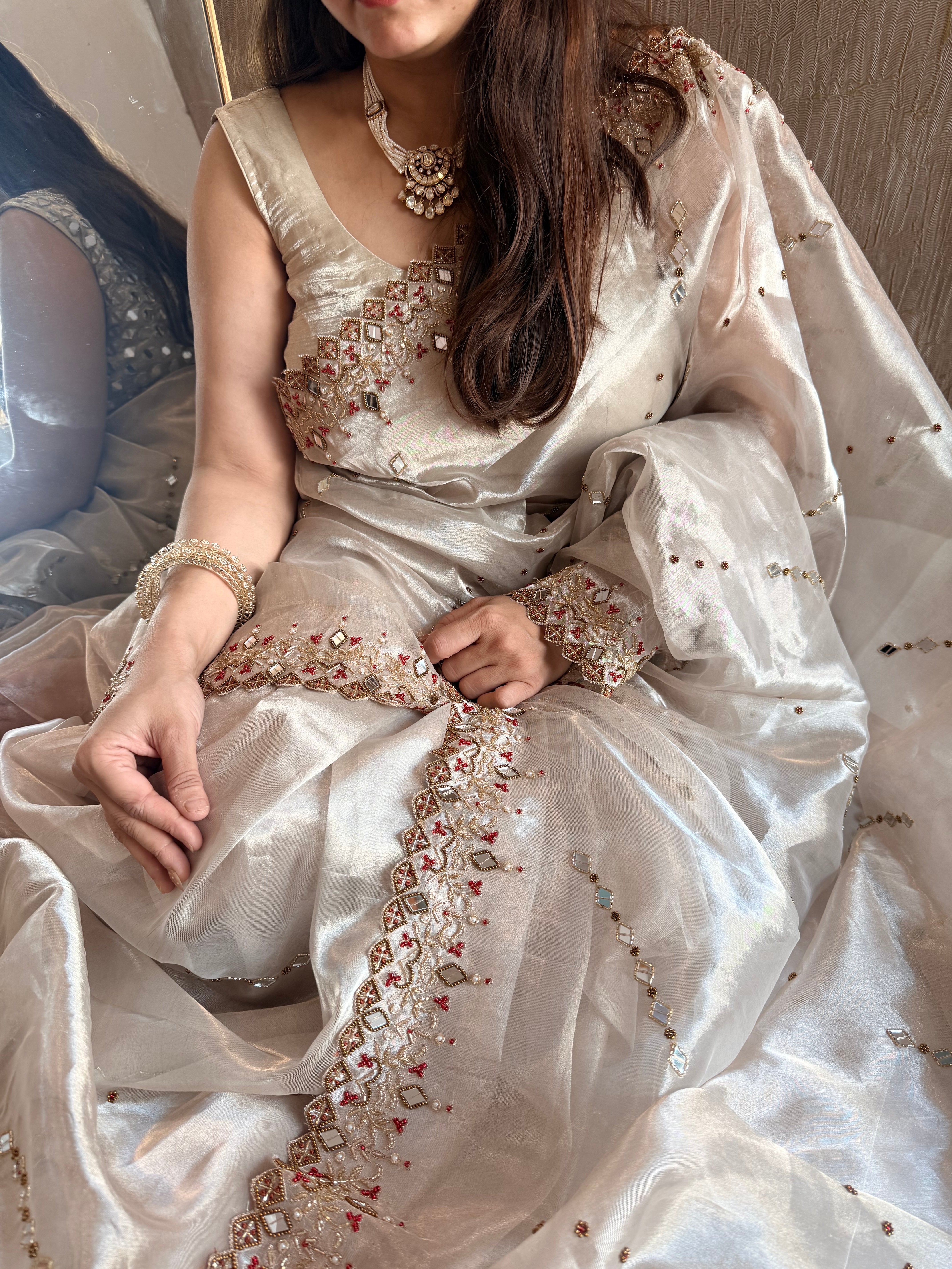 Jheel edit tissue silk diamond hand embroidered kadhwa saree
