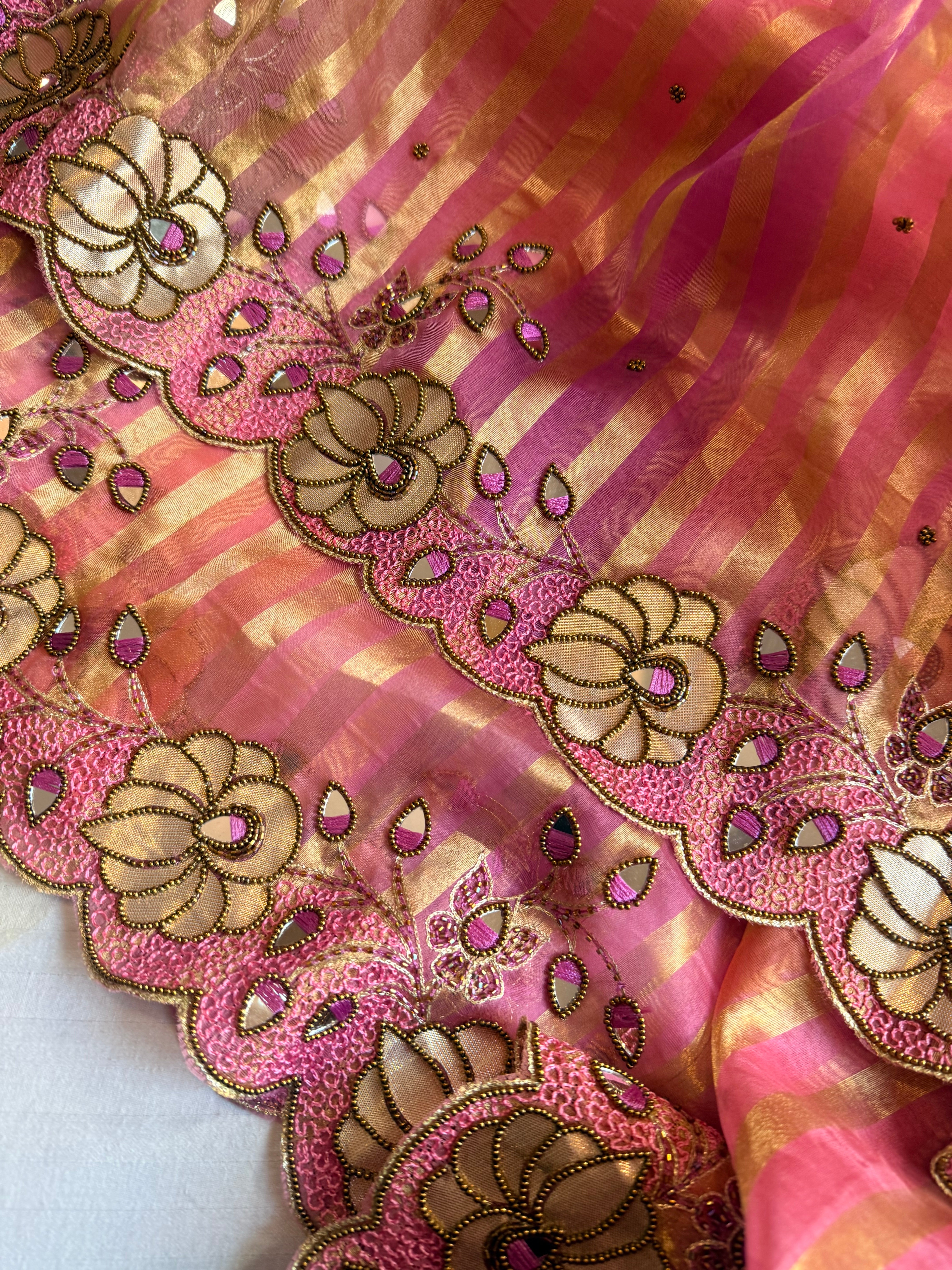 Phool wali rangeen tissue silk striped rangkaat hand embroidered saree