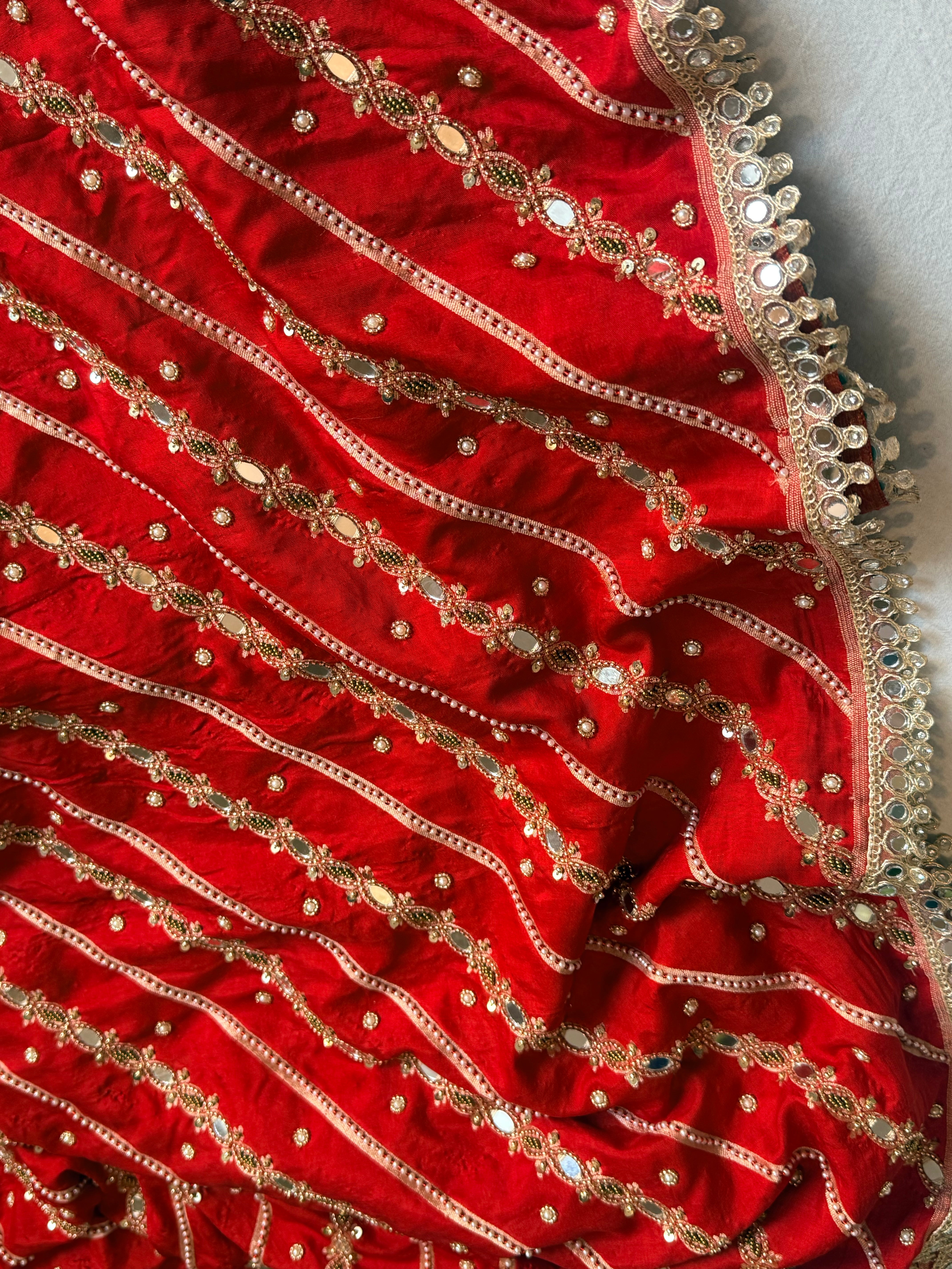 Spun chiniya silk mirrorwork hand embroidered banarasi saree