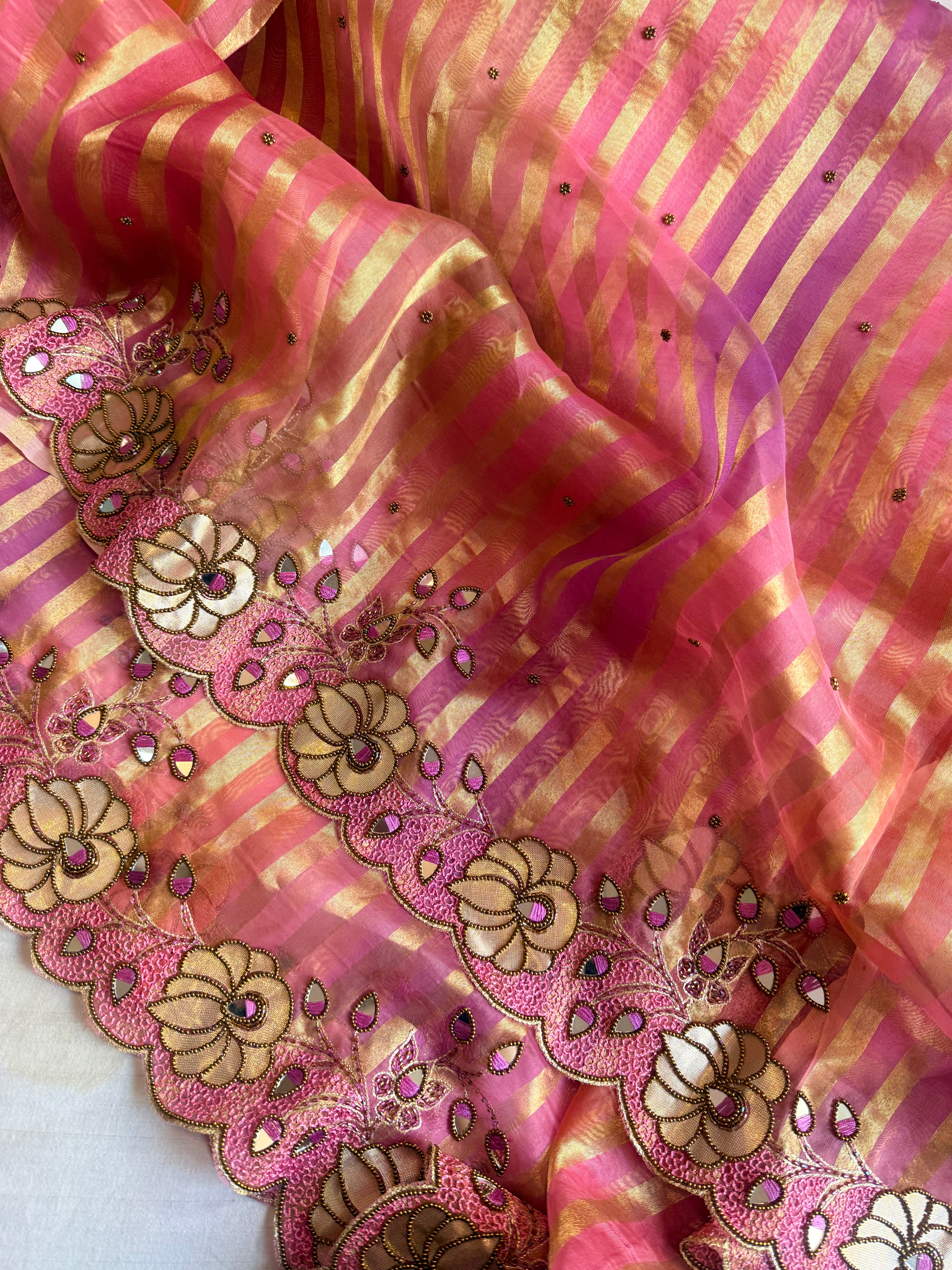 Phool wali rangeen tissue silk striped rangkaat hand embroidered saree