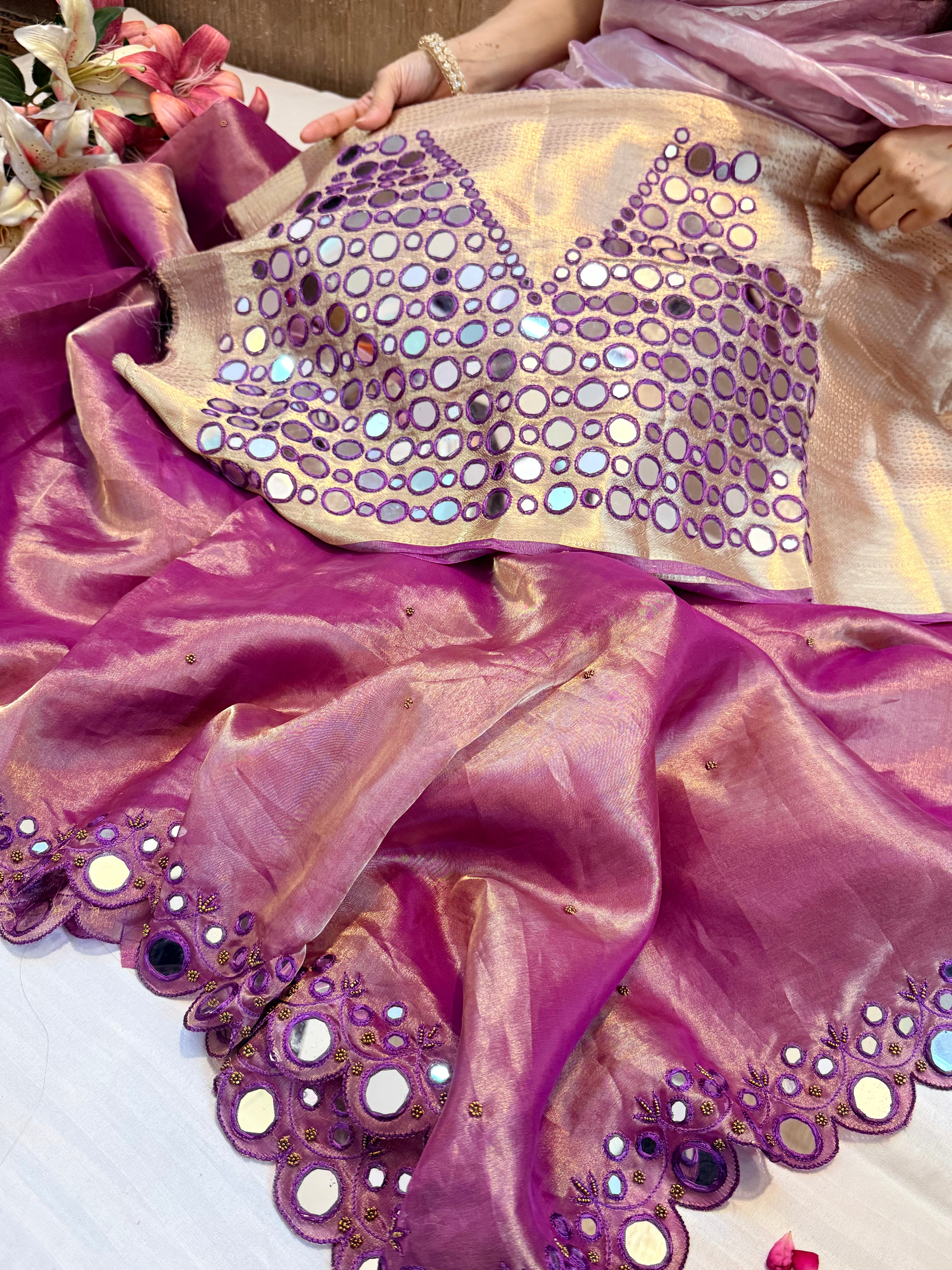 Sheeshe wali magenta tissue silk mirrorwork hand embroidered banarasi saree